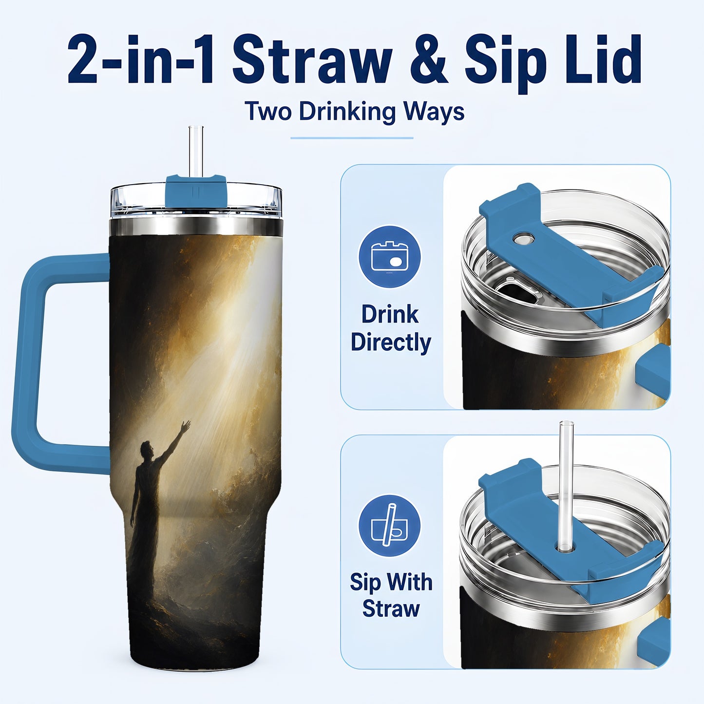 #pl[40oz|Blue] Reaching for Light 40oz Tumbler with Handle, Hopeful Cave Art