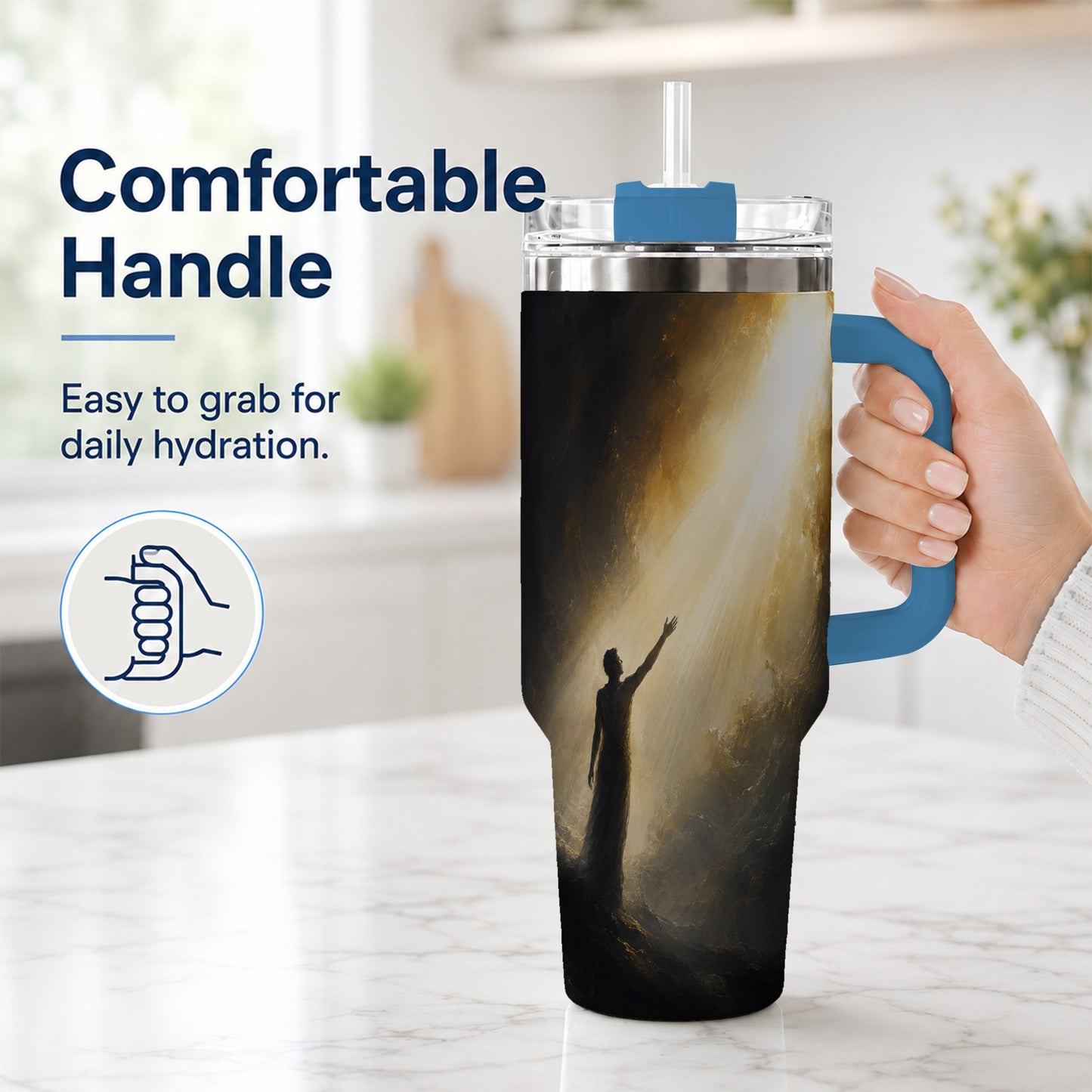 #pl[40oz|Blue] Reaching for Light 40oz Tumbler with Handle, Hopeful Cave Art