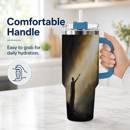 #pl[40oz|Blue] Reaching for Light 40oz Tumbler with Handle, Hopeful Cave Art