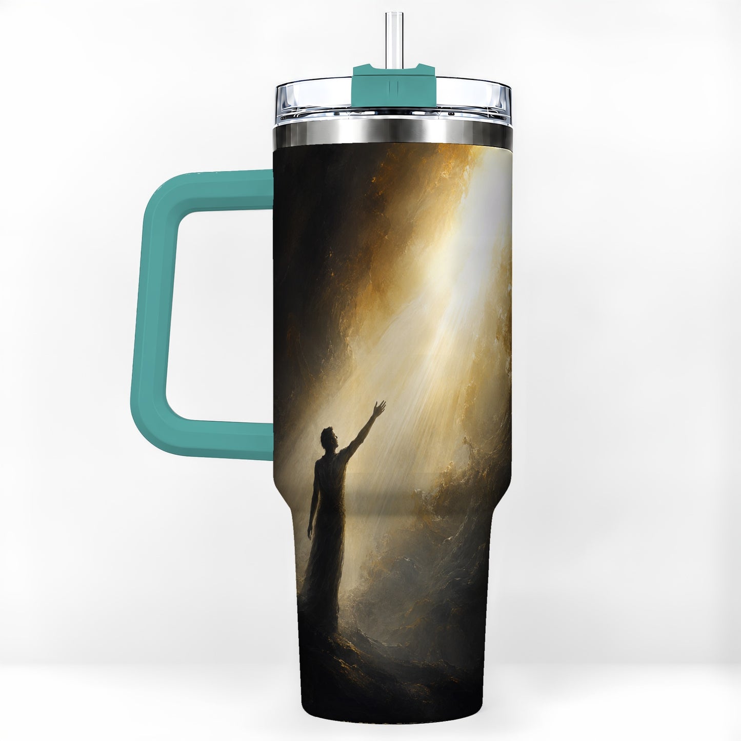 #pl[40oz|Green] Reaching for Light 40oz Tumbler with Handle, Hopeful Cave Art