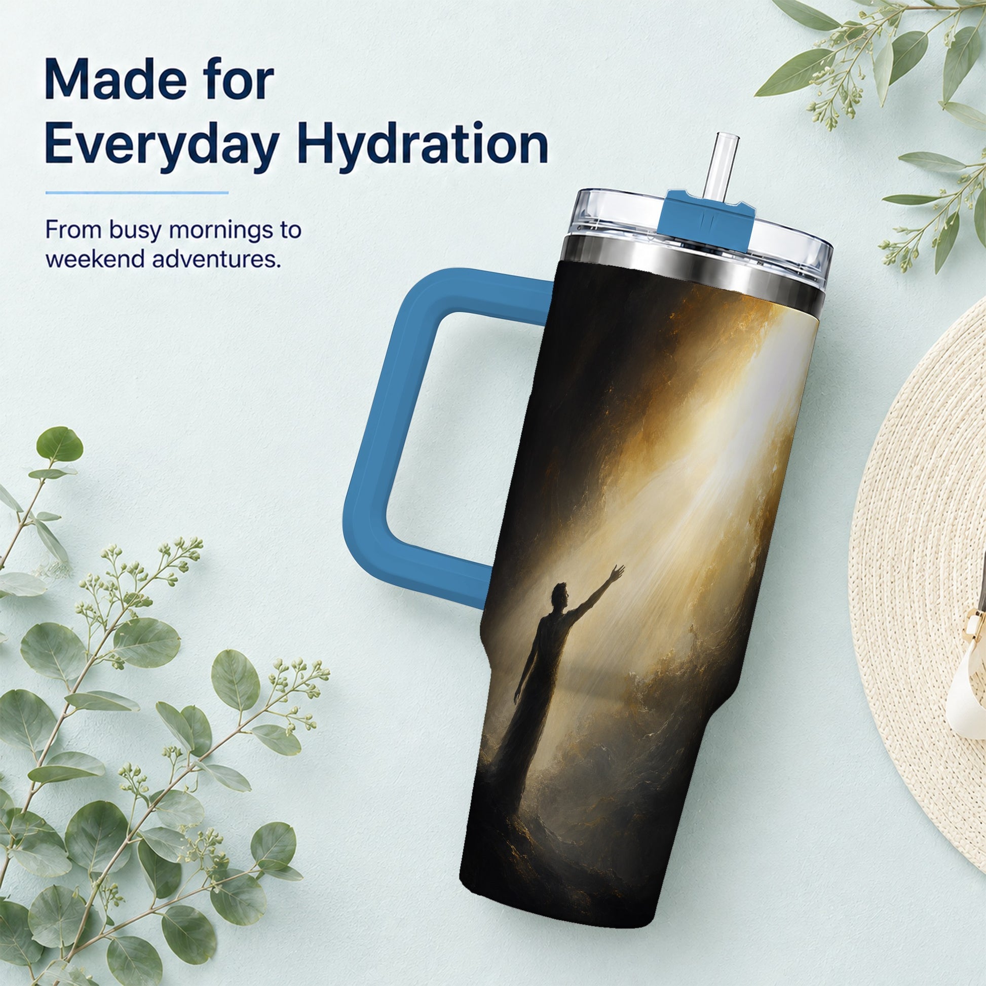 #pl[40oz|Blue] Reaching for Light 40oz Tumbler with Handle, Hopeful Cave Art