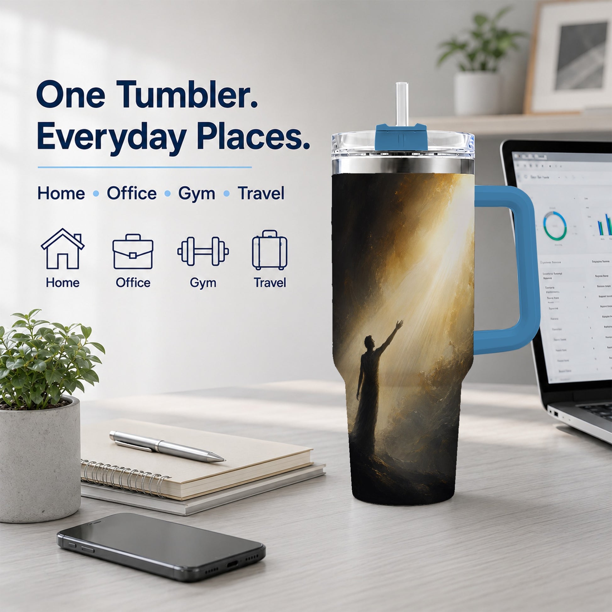 #pl[40oz|Blue] Reaching for Light 40oz Tumbler with Handle, Hopeful Cave Art