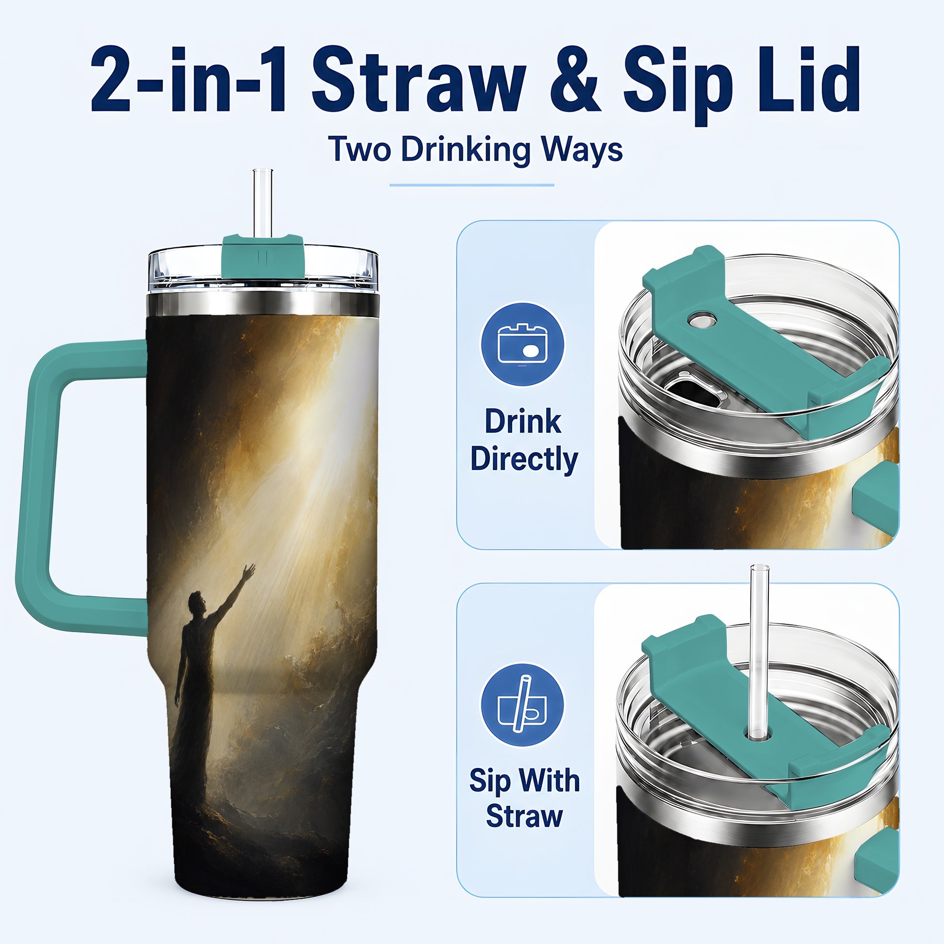 #pl[40oz|Green] Reaching for Light 40oz Tumbler with Handle, Hopeful Cave Art