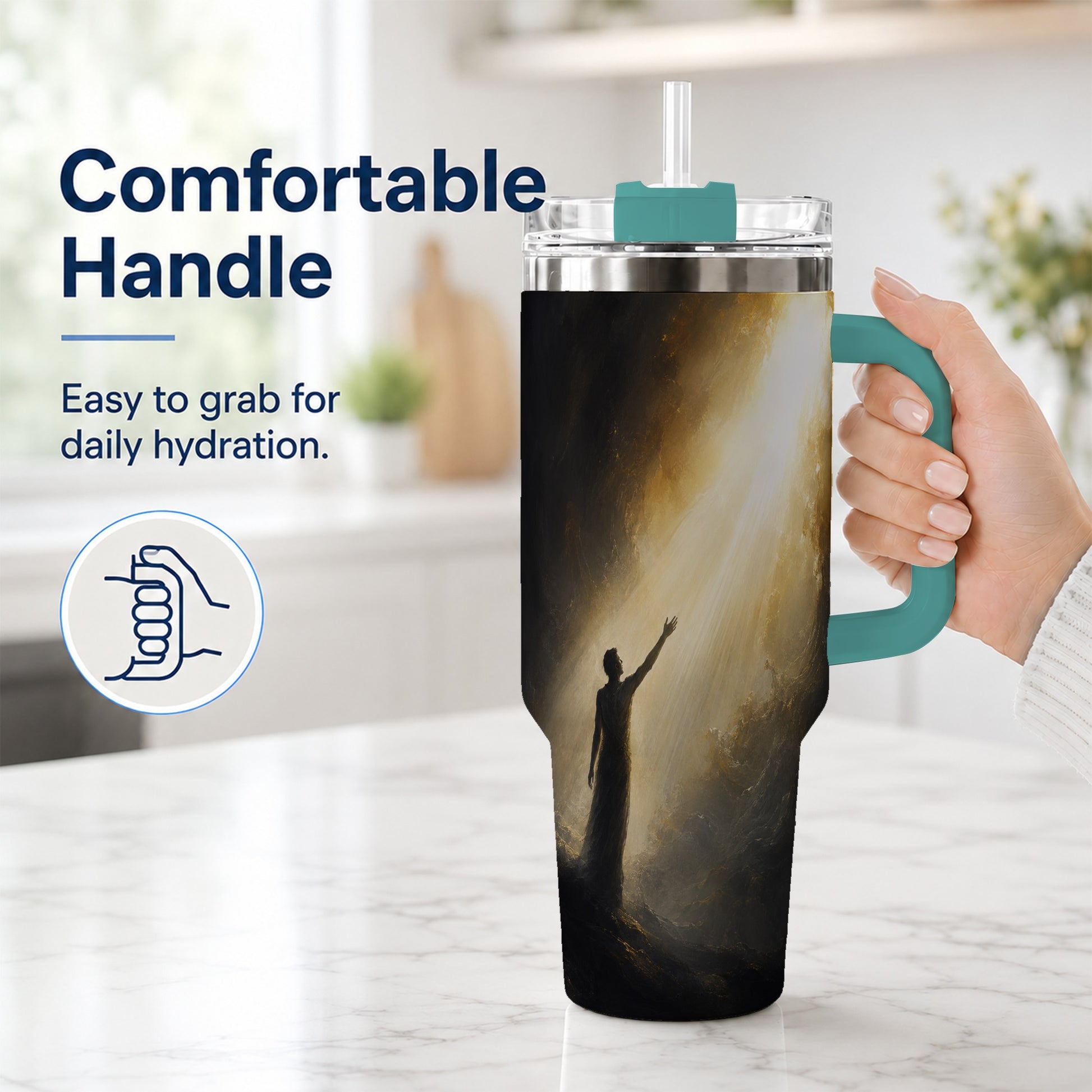 #pl[40oz|Green] Reaching for Light 40oz Tumbler with Handle, Hopeful Cave Art