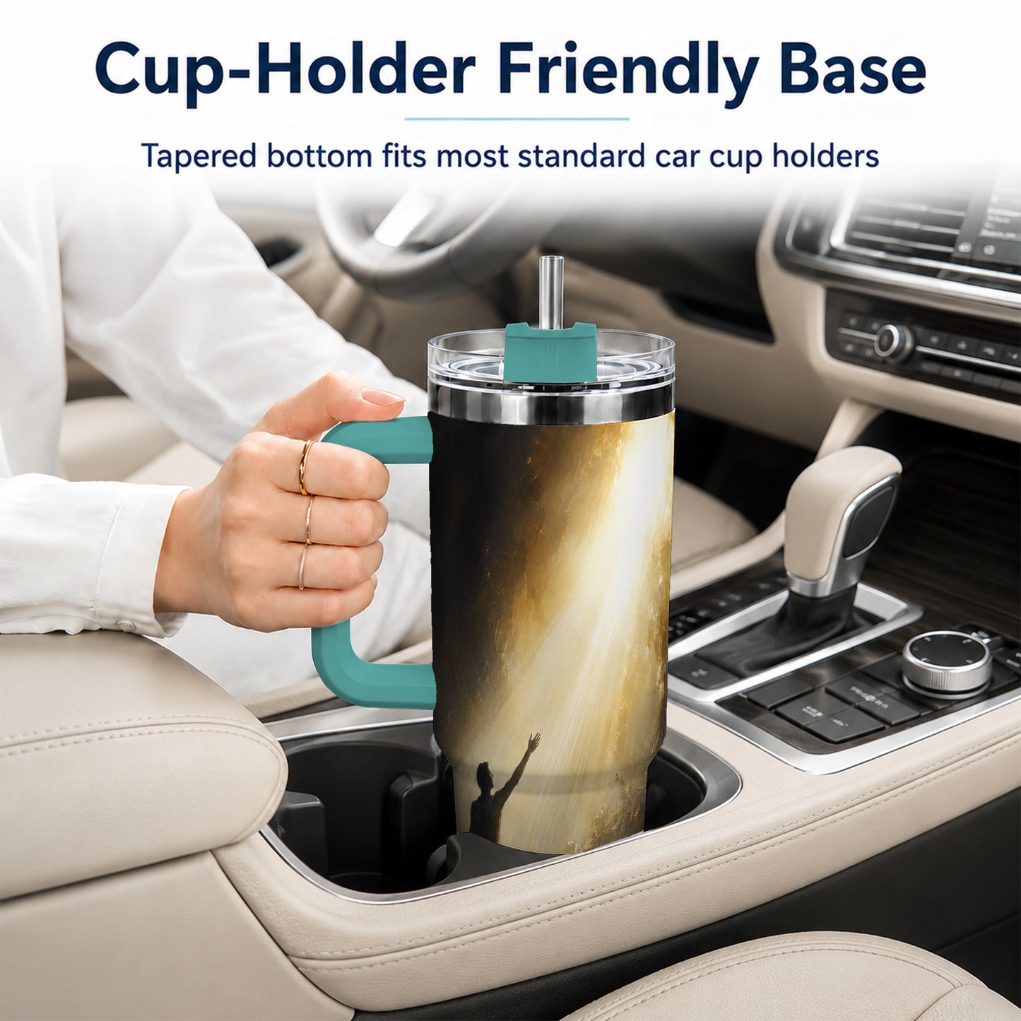 #pl[40oz|Green] Reaching for Light 40oz Tumbler with Handle, Hopeful Cave Art