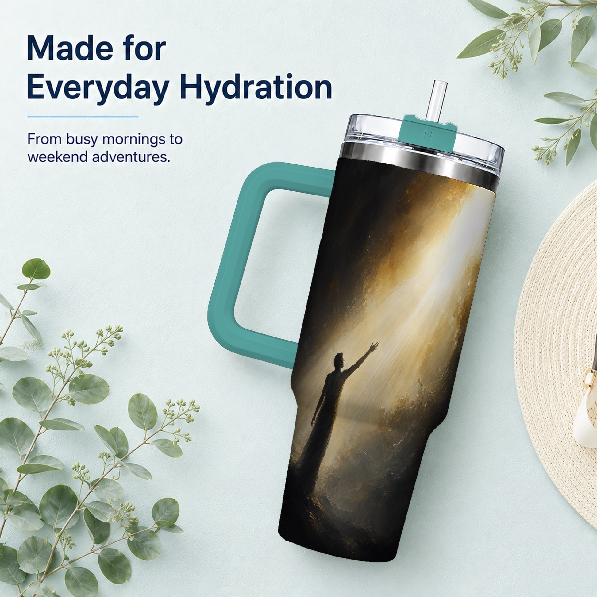 #pl[40oz|Green] Reaching for Light 40oz Tumbler with Handle, Hopeful Cave Art