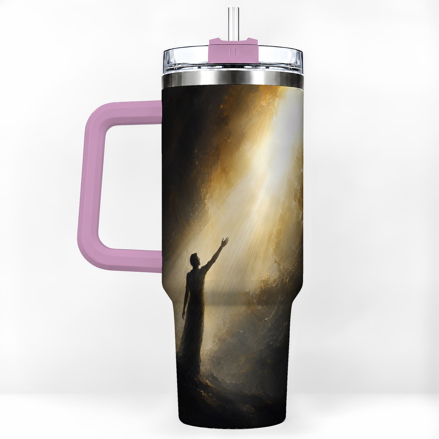 #pl[40oz|Pink] Reaching for Light 40oz Tumbler with Handle, Hopeful Cave Art