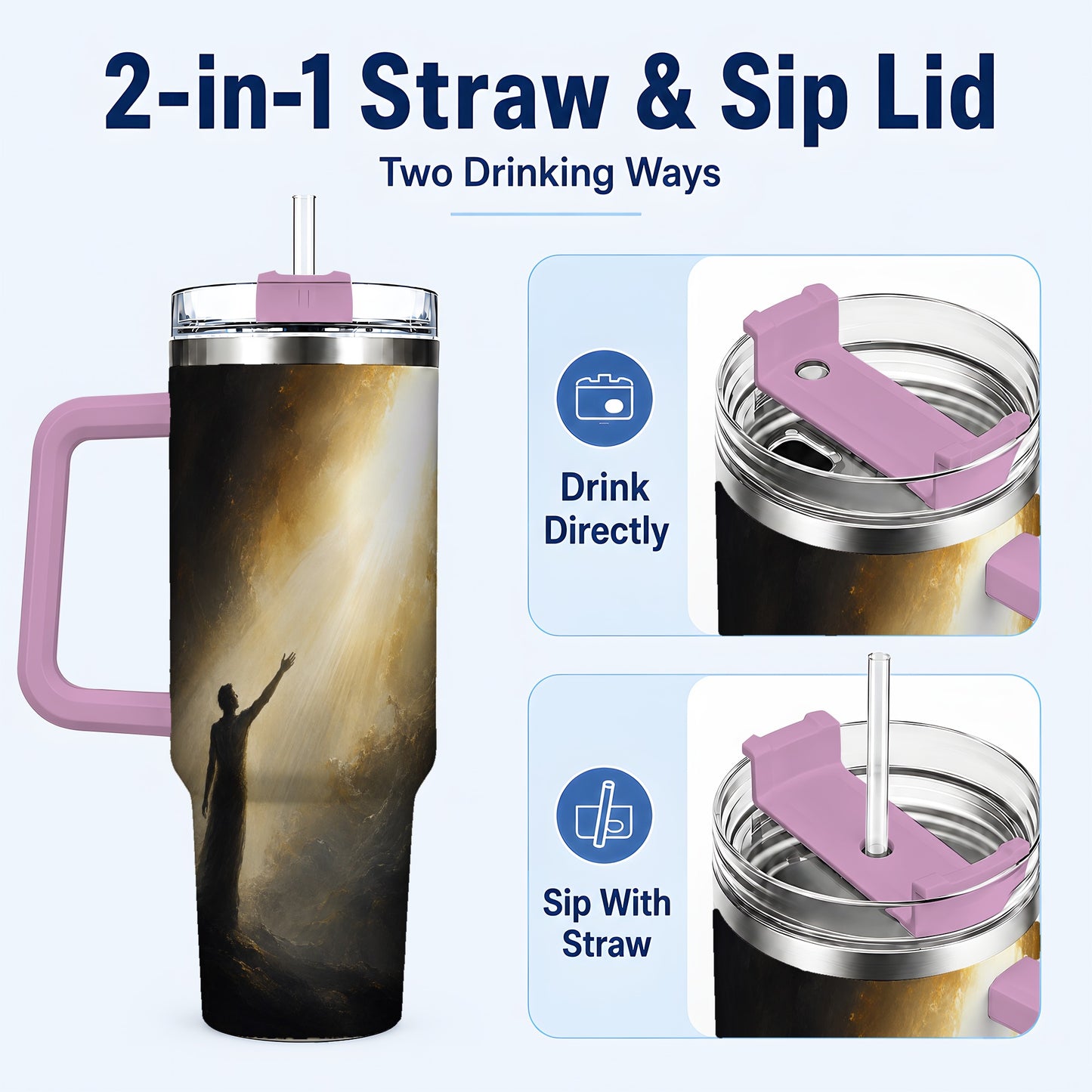 #pl[40oz|Pink] Reaching for Light 40oz Tumbler with Handle, Hopeful Cave Art