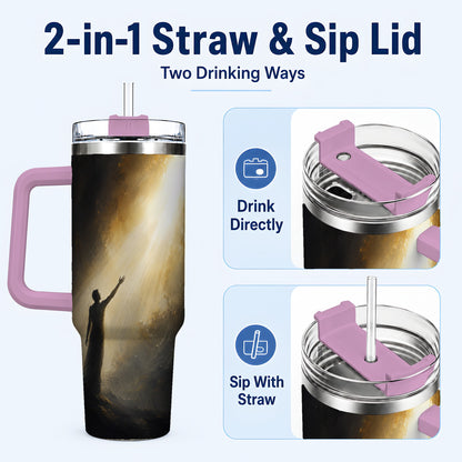 #pl[40oz|Pink] Reaching for Light 40oz Tumbler with Handle, Hopeful Cave Art