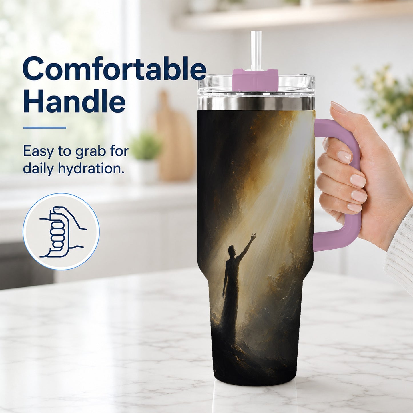 #pl[40oz|Pink] Reaching for Light 40oz Tumbler with Handle, Hopeful Cave Art