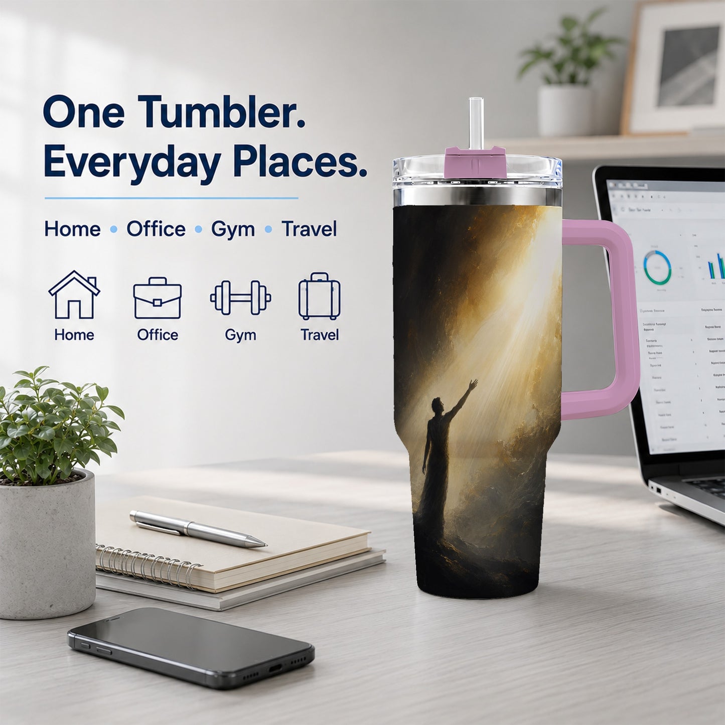 #pl[40oz|Pink] Reaching for Light 40oz Tumbler with Handle, Hopeful Cave Art