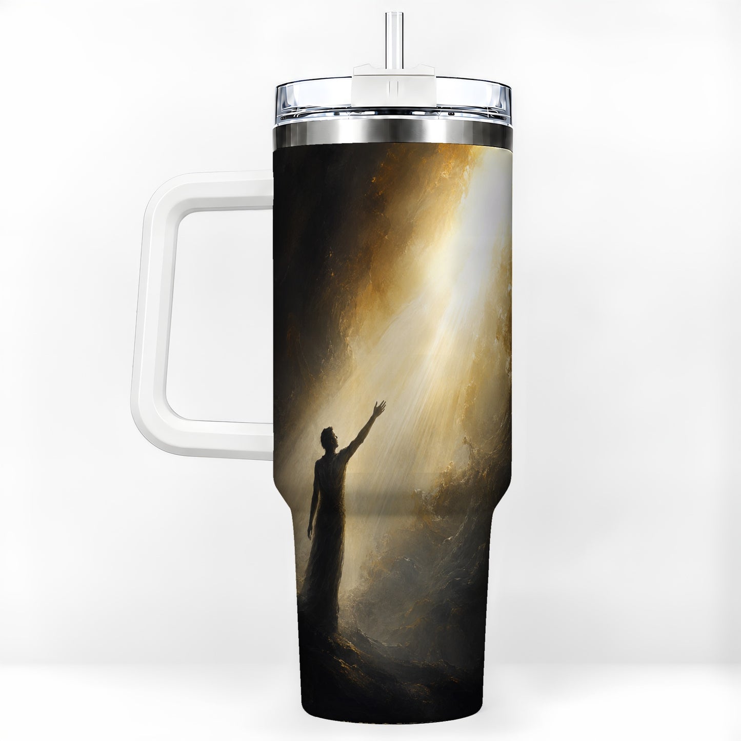 Reaching for Light 40oz Tumbler with Handle, Hopeful Cave Art
