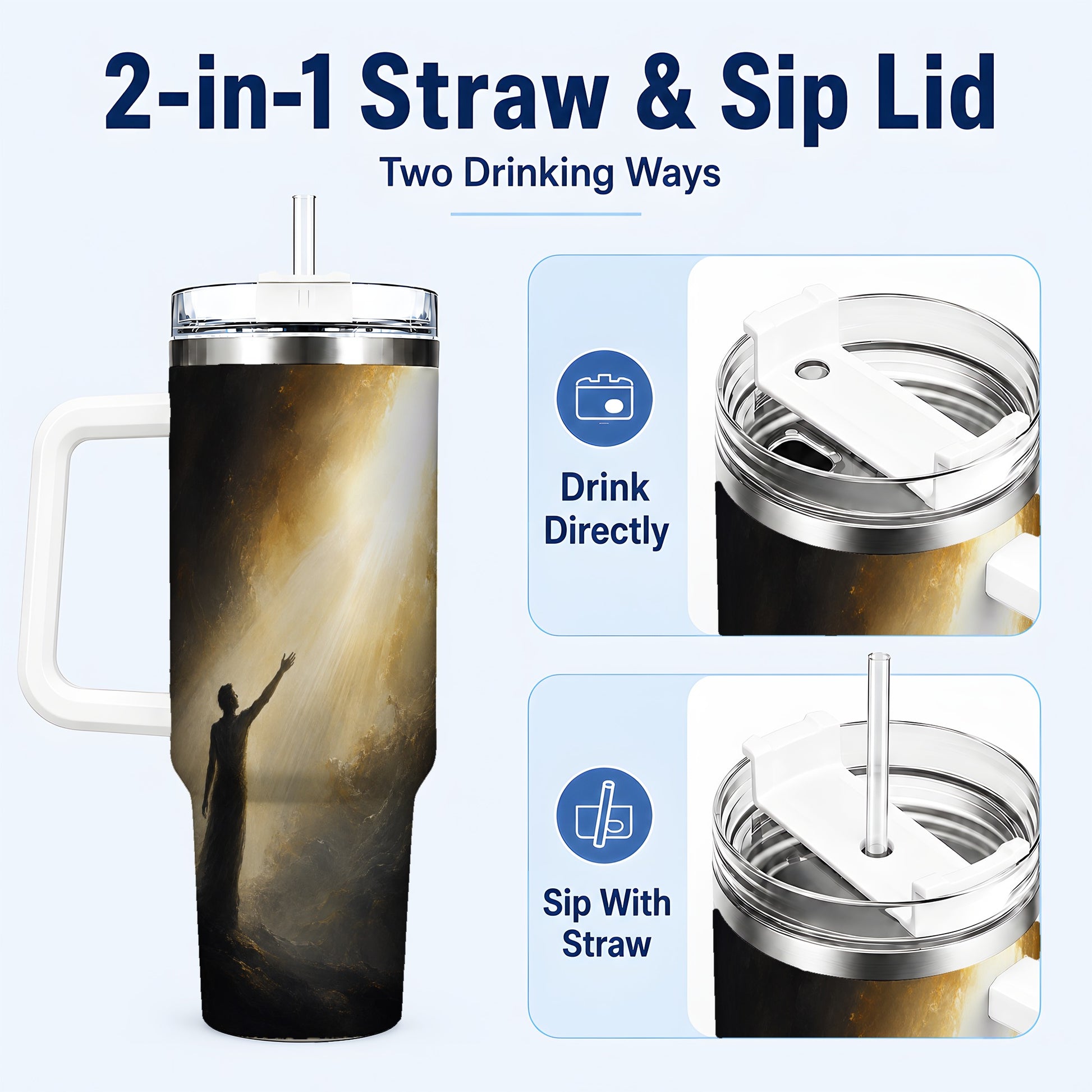#pl[40oz|White] Reaching for Light 40oz Tumbler with Handle, Hopeful Cave Art