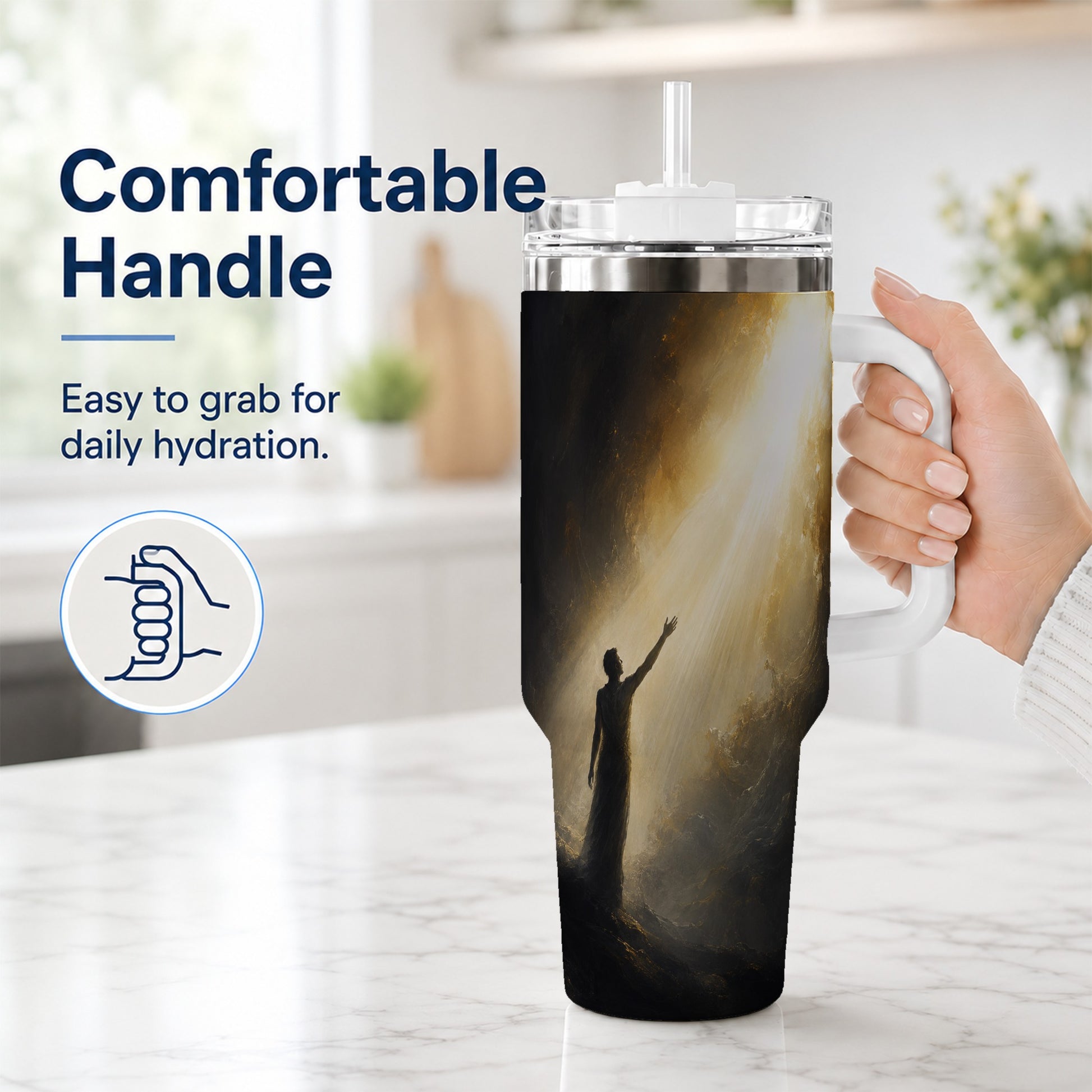 #pl[40oz|White] Reaching for Light 40oz Tumbler with Handle, Hopeful Cave Art