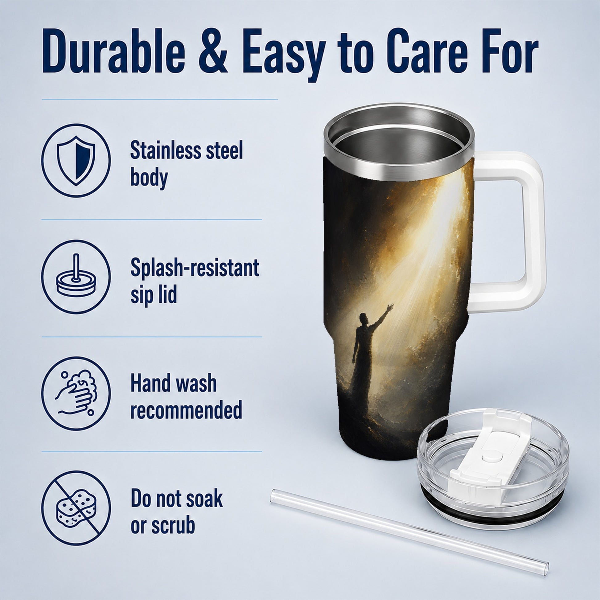 #pl[40oz|White] Reaching for Light 40oz Tumbler with Handle, Hopeful Cave Art