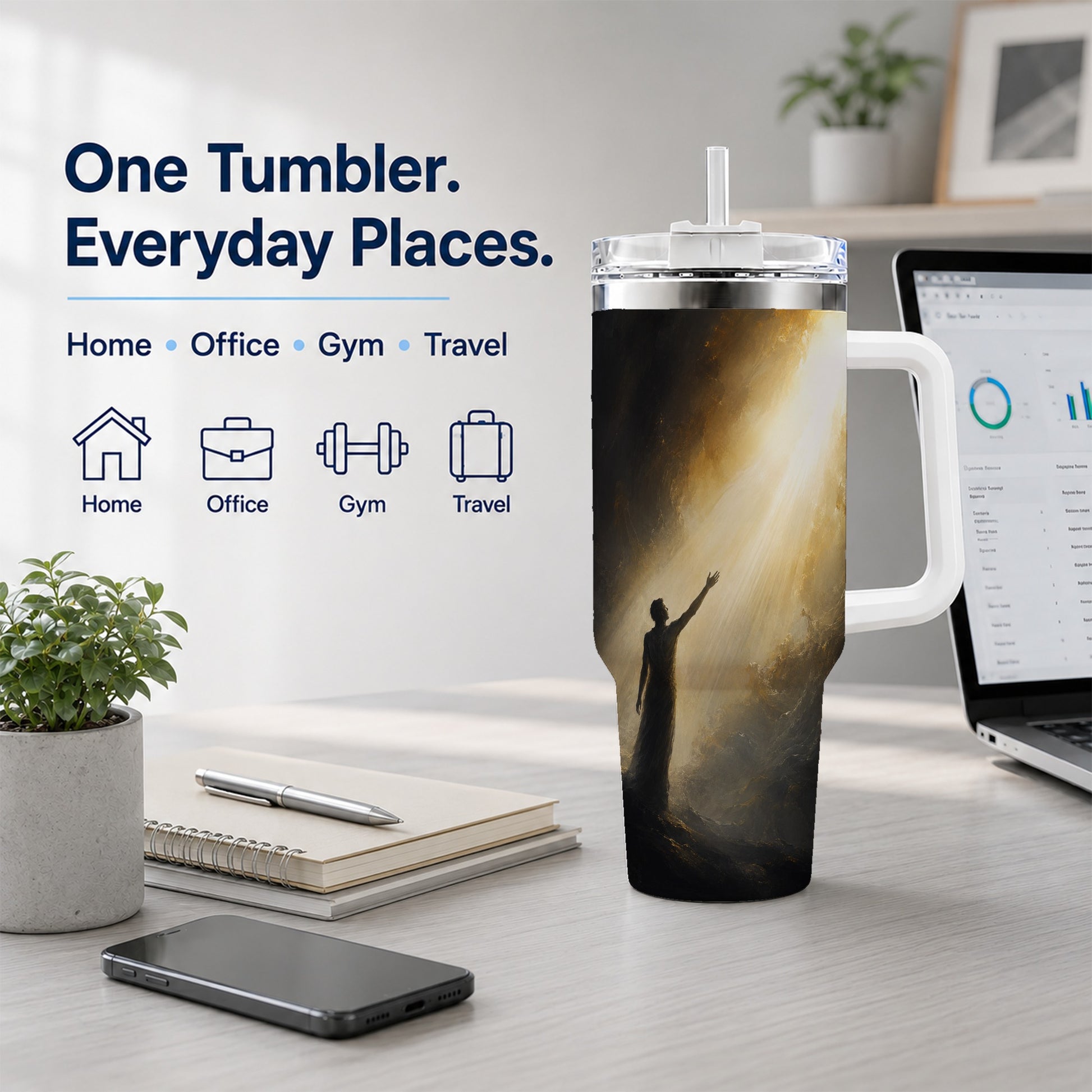 #pl[40oz|White] Reaching for Light 40oz Tumbler with Handle, Hopeful Cave Art