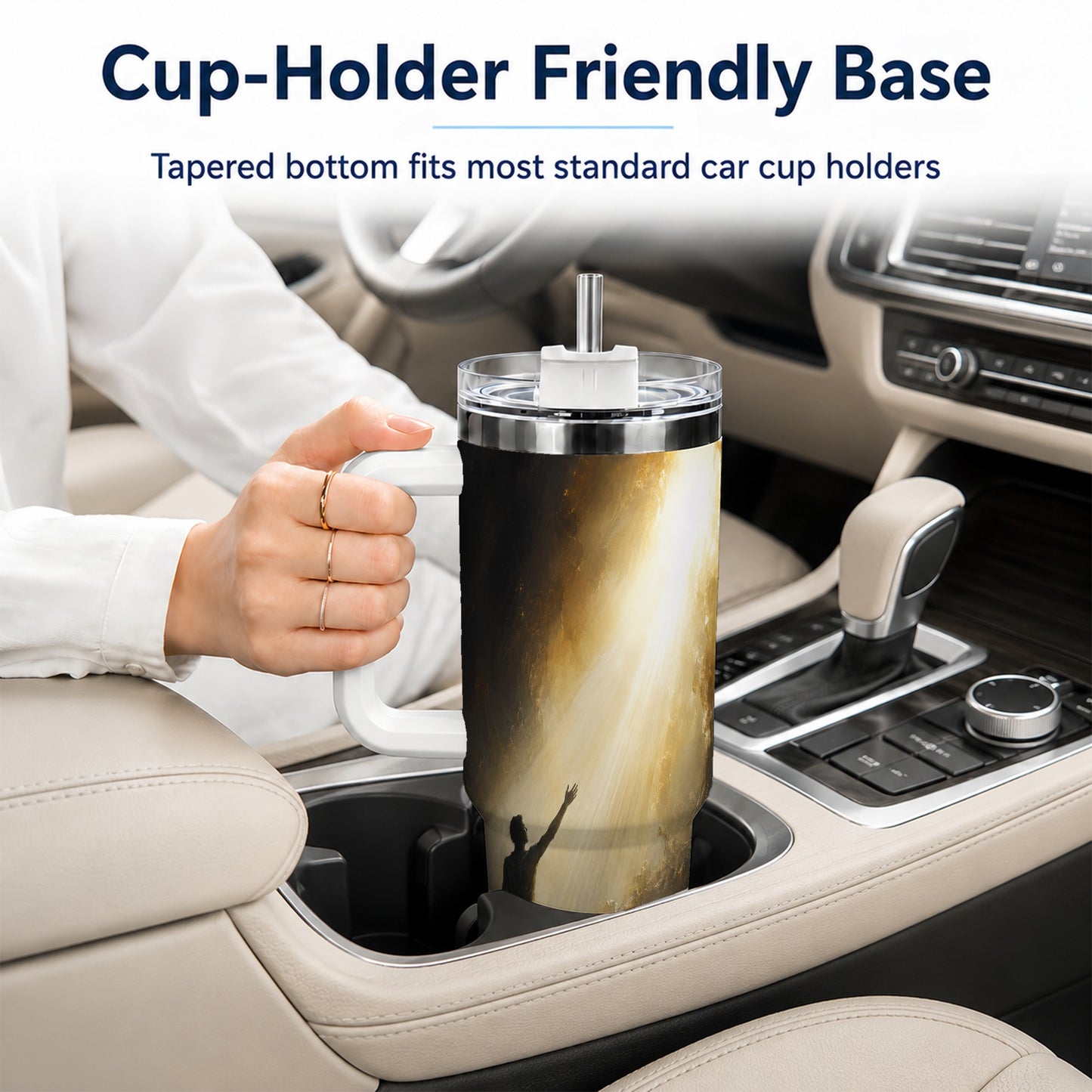 #pl[40oz|White] Reaching for Light 40oz Tumbler with Handle, Hopeful Cave Art