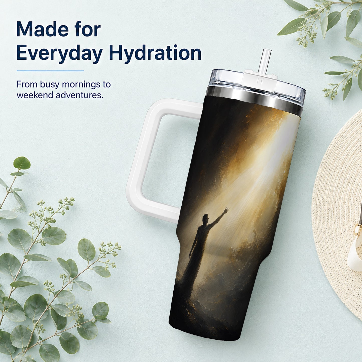 #pl[40oz|White] Reaching for Light 40oz Tumbler with Handle, Hopeful Cave Art