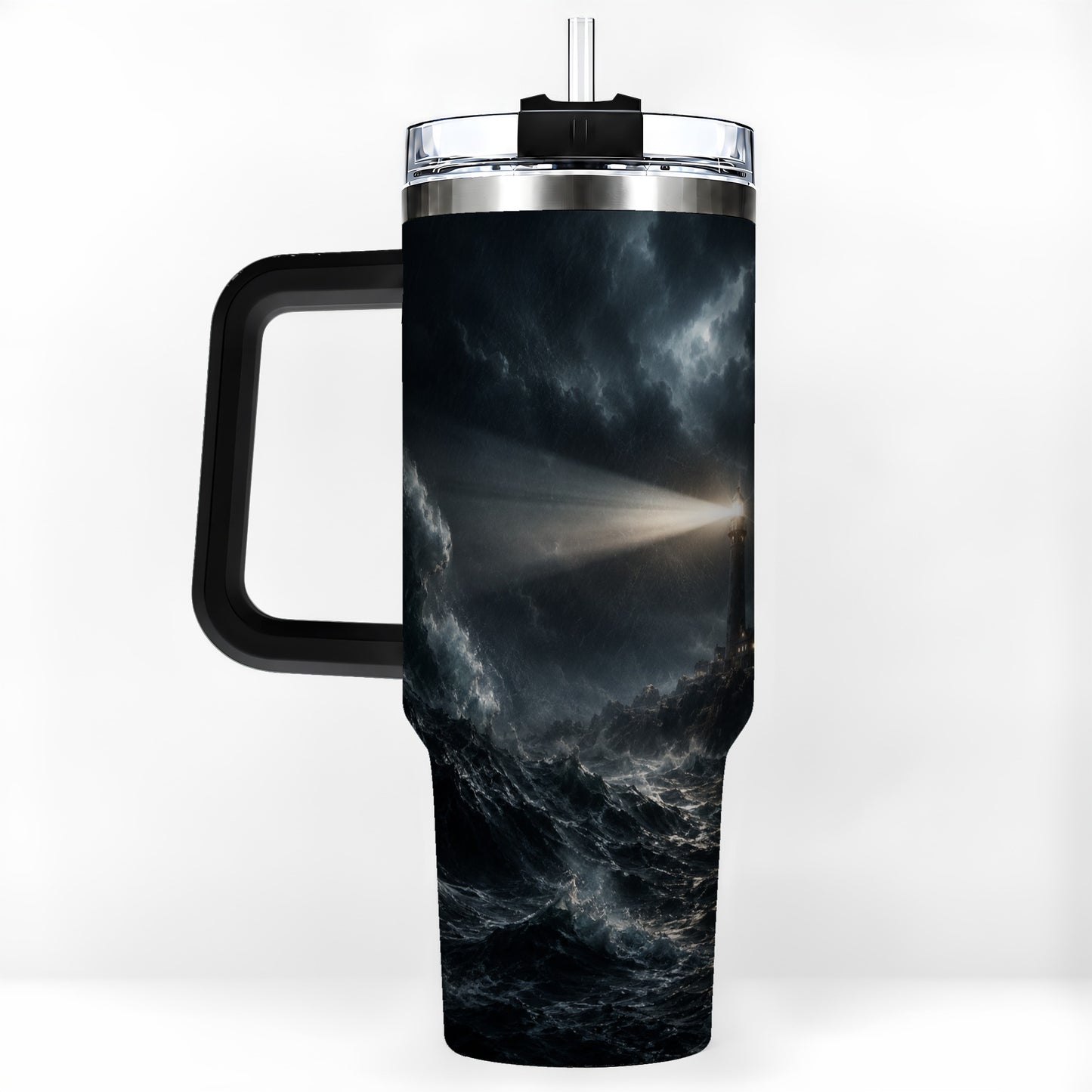 #pl[40oz|Black] Storm Lighthouse 40oz Tumbler with Handle, Ocean Night Art