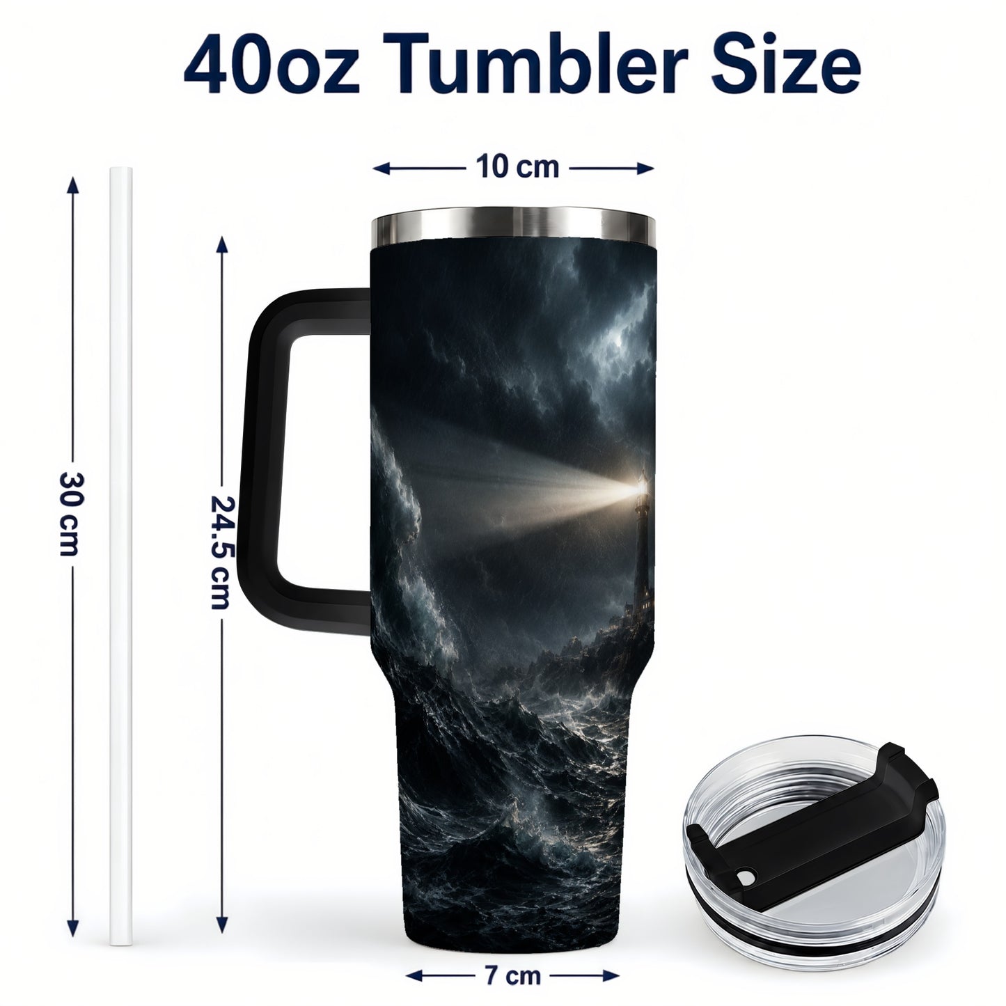 #pl[40oz|Black] Storm Lighthouse 40oz Tumbler with Handle, Ocean Night Art