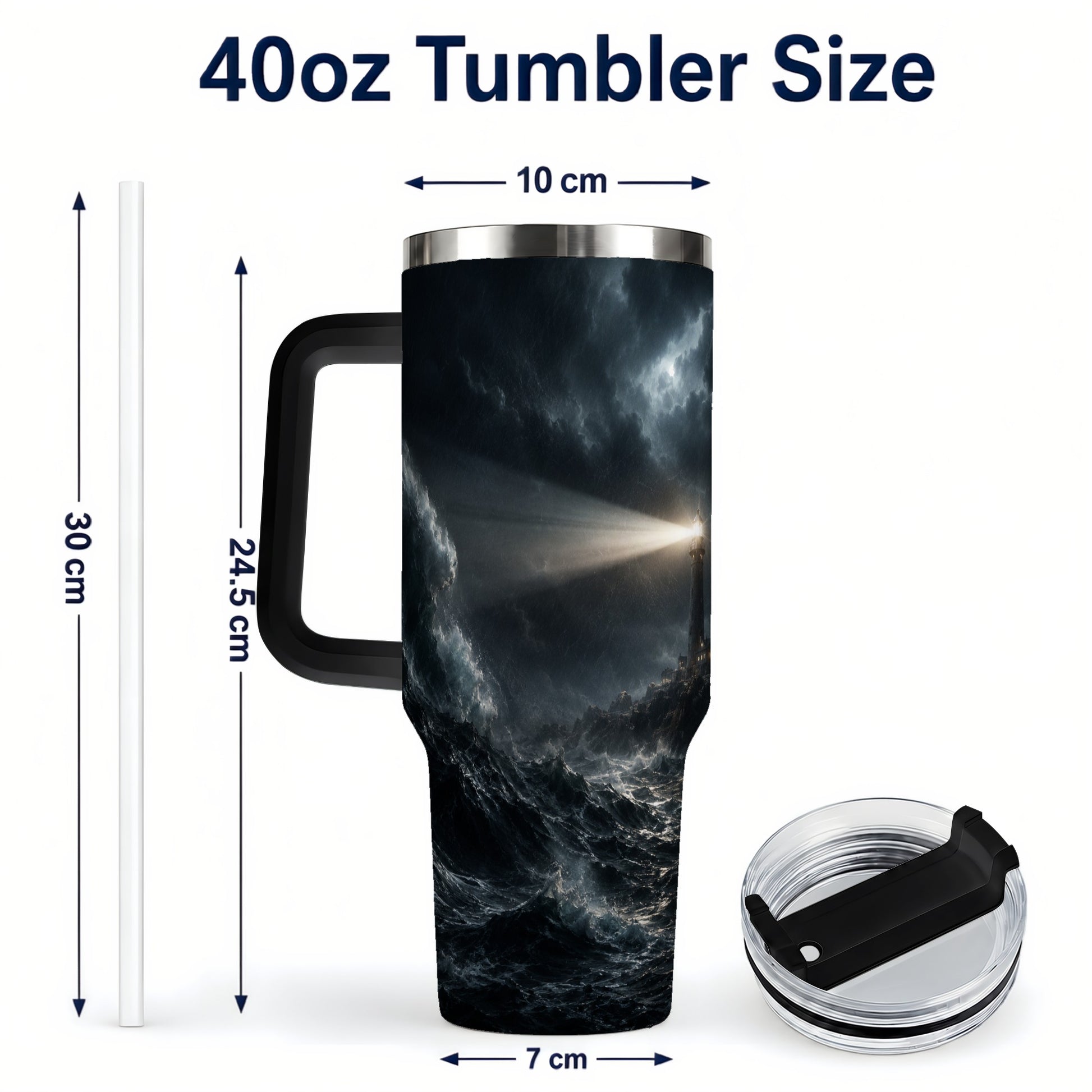 #pl[40oz|Black] Storm Lighthouse 40oz Tumbler with Handle, Ocean Night Art