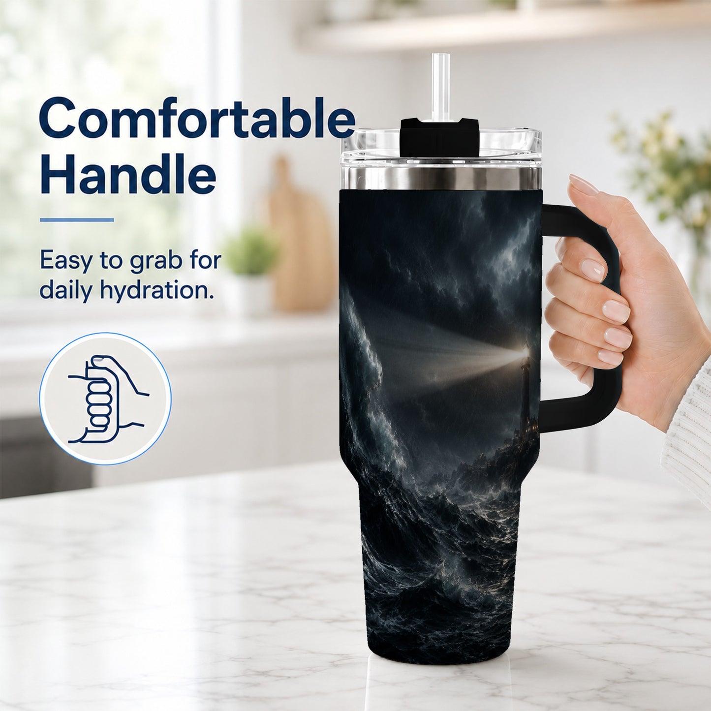 #pl[40oz|Black] Storm Lighthouse 40oz Tumbler with Handle, Ocean Night Art