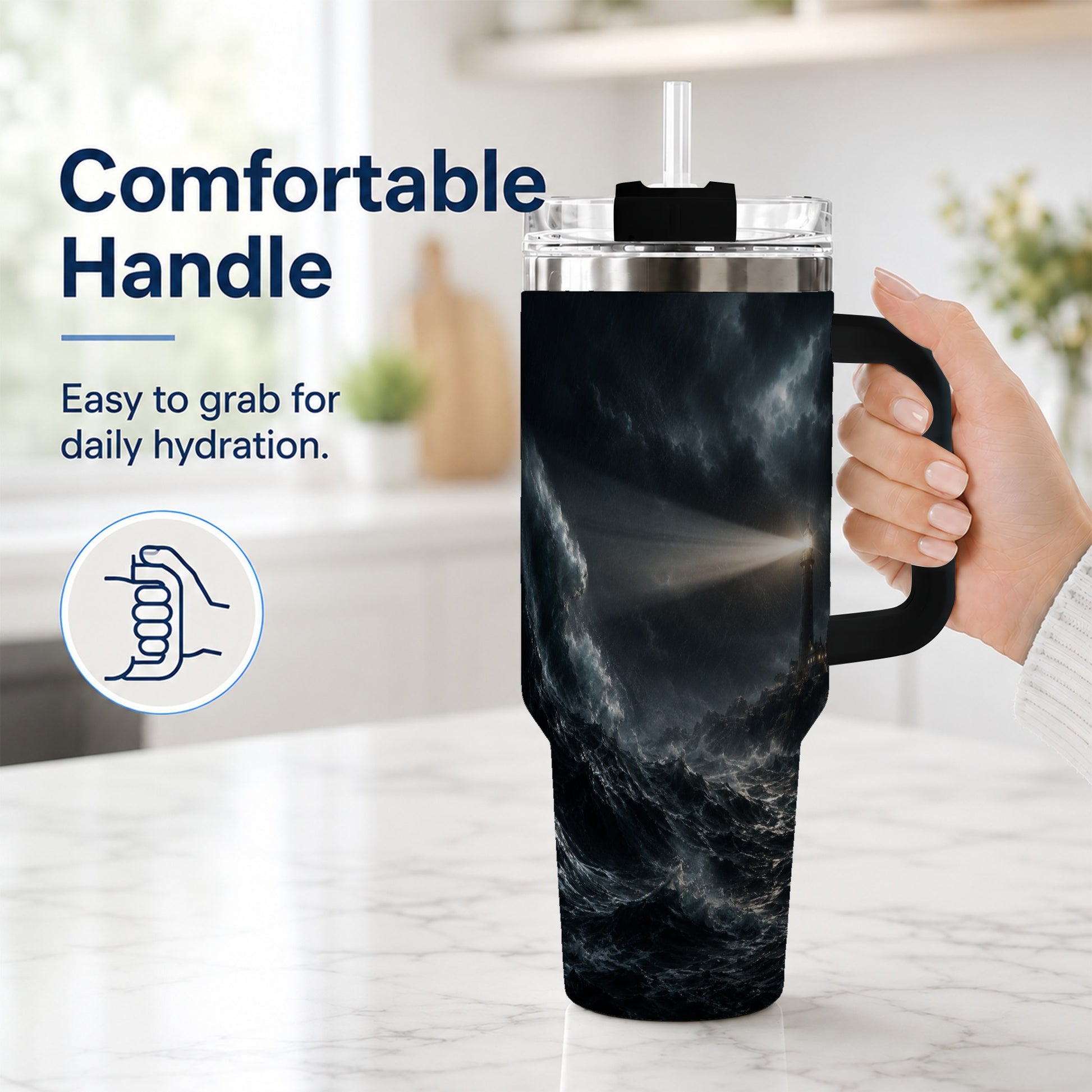 #pl[40oz|Black] Storm Lighthouse 40oz Tumbler with Handle, Ocean Night Art