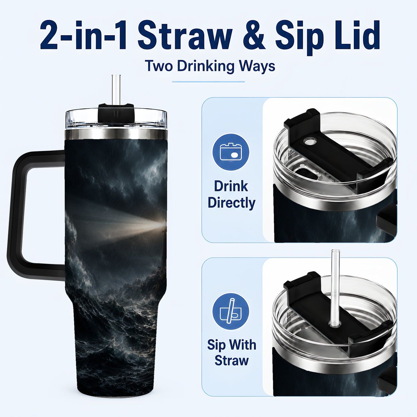 #pl[40oz|Black] Storm Lighthouse 40oz Tumbler with Handle, Ocean Night Art