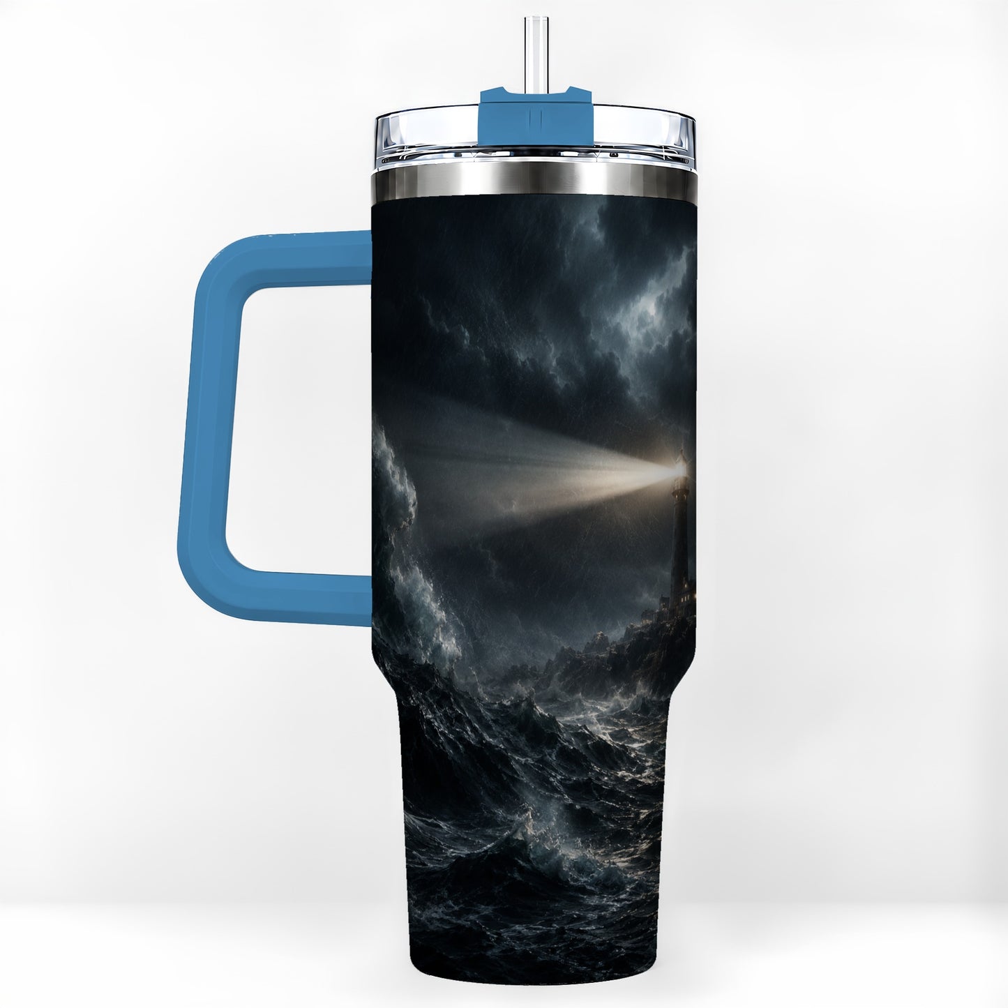 #pl[40oz|Blue] Storm Lighthouse 40oz Tumbler with Handle, Ocean Night Art