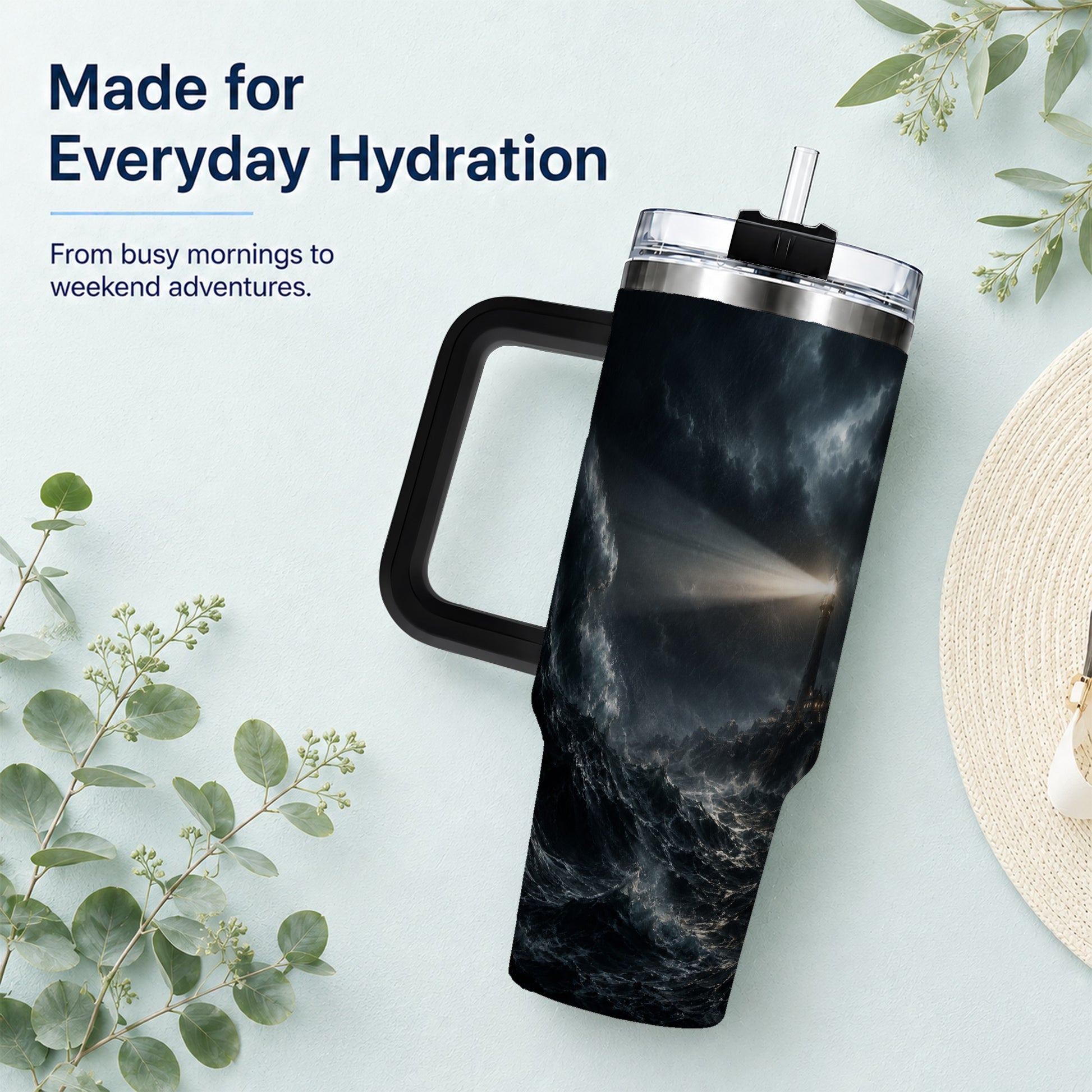#pl[40oz|Black] Storm Lighthouse 40oz Tumbler with Handle, Ocean Night Art