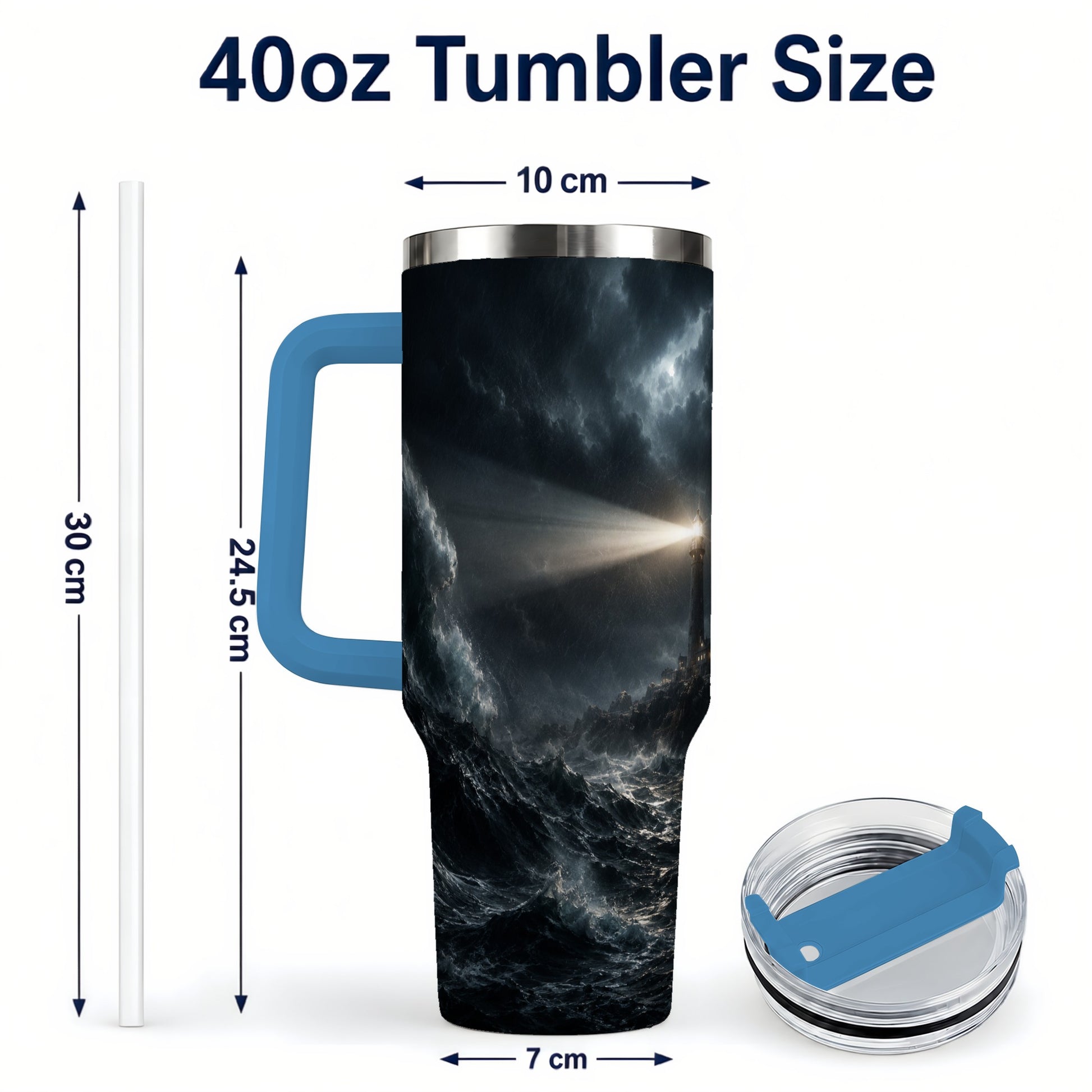 #pl[40oz|Blue] Storm Lighthouse 40oz Tumbler with Handle, Ocean Night Art