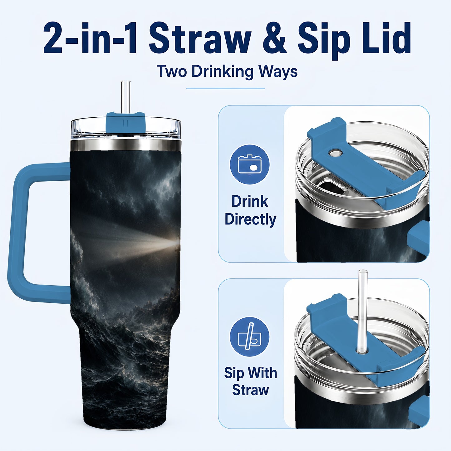 #pl[40oz|Blue] Storm Lighthouse 40oz Tumbler with Handle, Ocean Night Art
