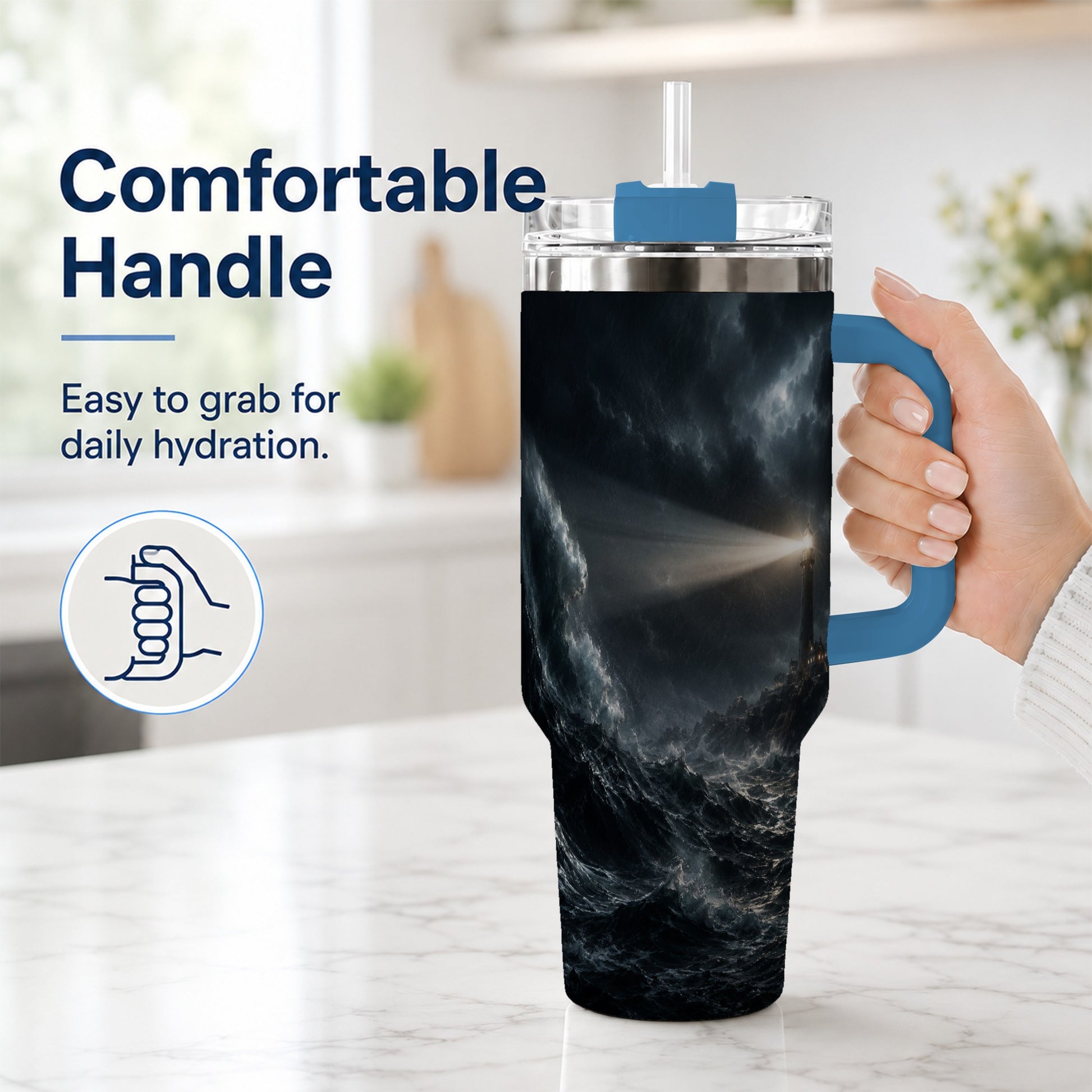 #pl[40oz|Blue] Storm Lighthouse 40oz Tumbler with Handle, Ocean Night Art