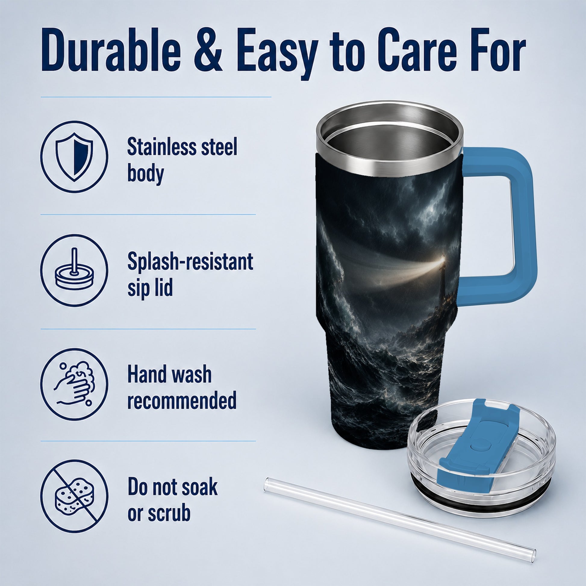#pl[40oz|Blue] Storm Lighthouse 40oz Tumbler with Handle, Ocean Night Art