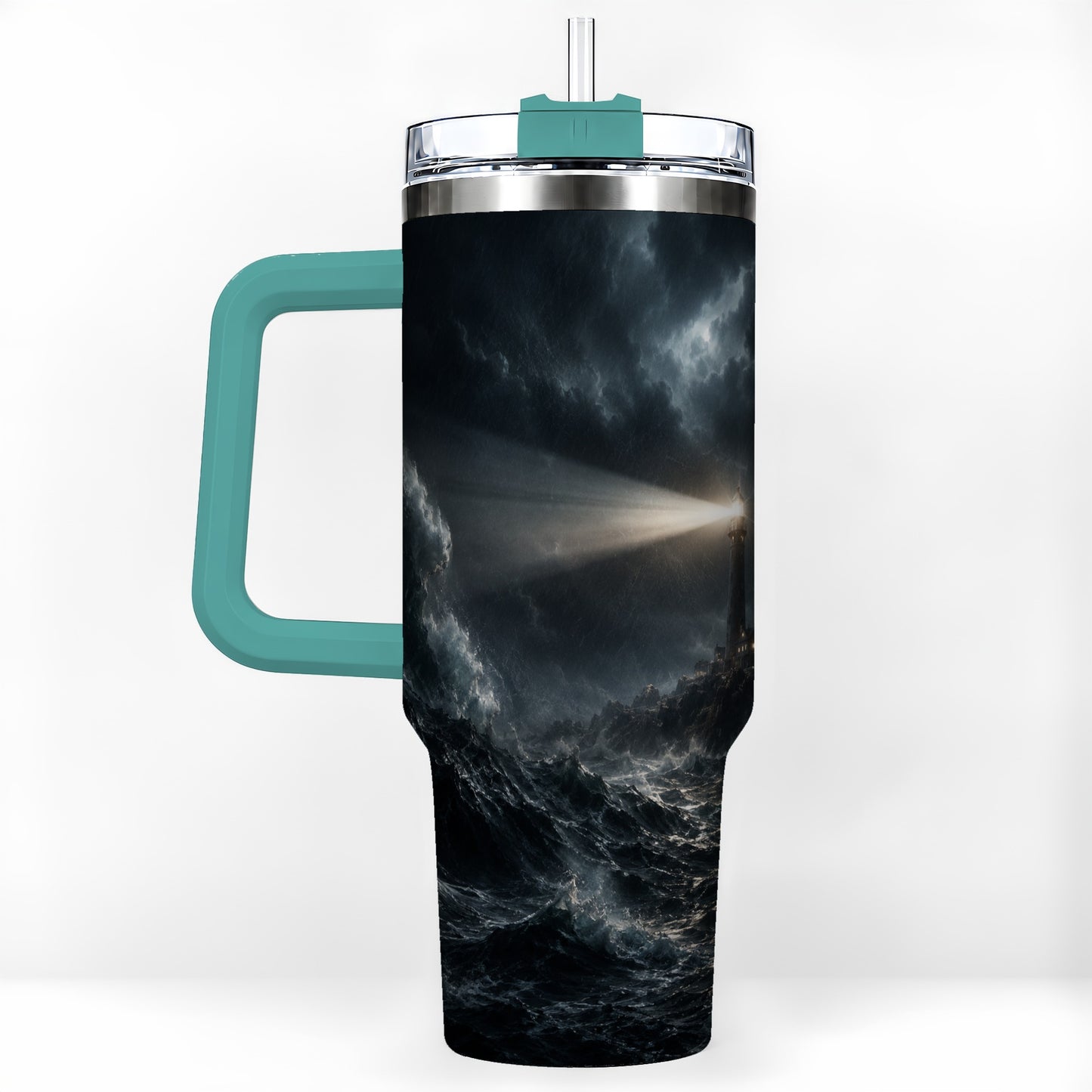 #pl[40oz|Green] Storm Lighthouse 40oz Tumbler with Handle, Ocean Night Art