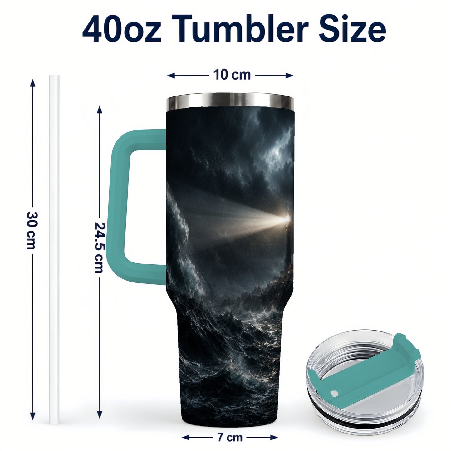 #pl[40oz|Green] Storm Lighthouse 40oz Tumbler with Handle, Ocean Night Art