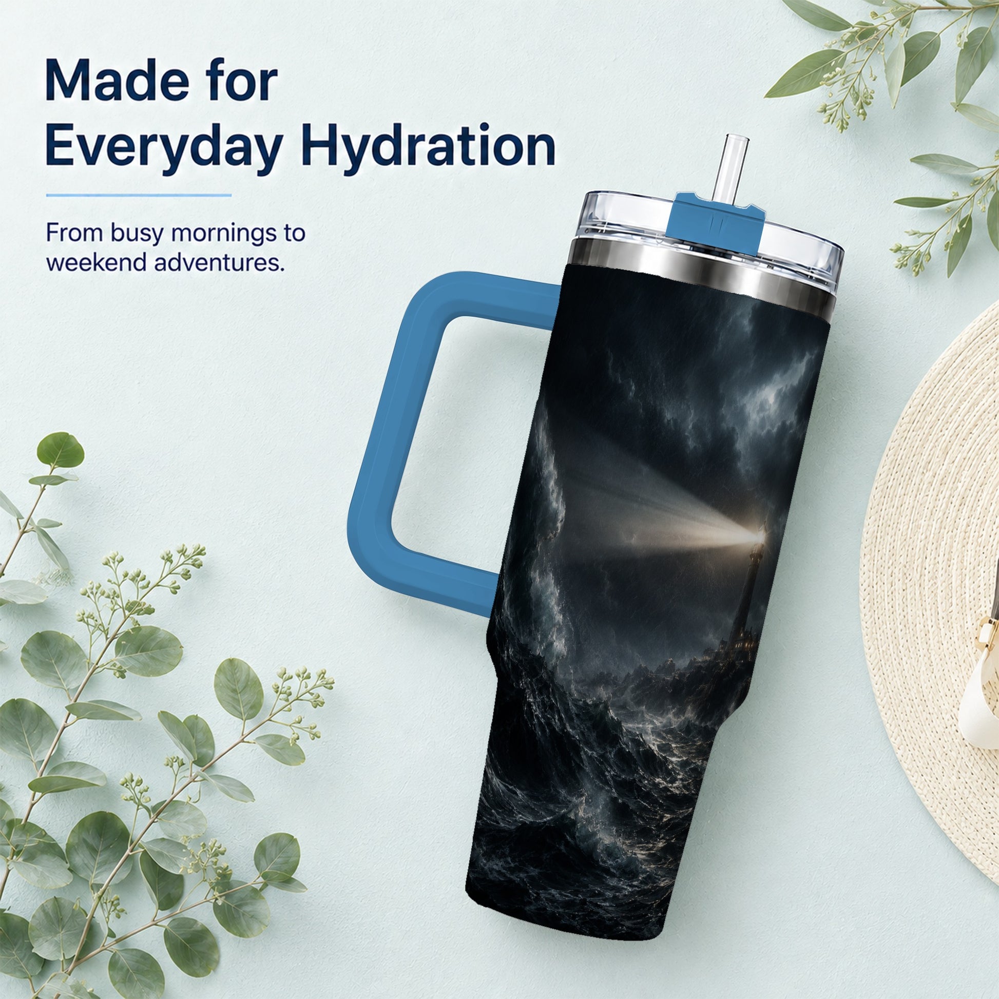 #pl[40oz|Blue] Storm Lighthouse 40oz Tumbler with Handle, Ocean Night Art