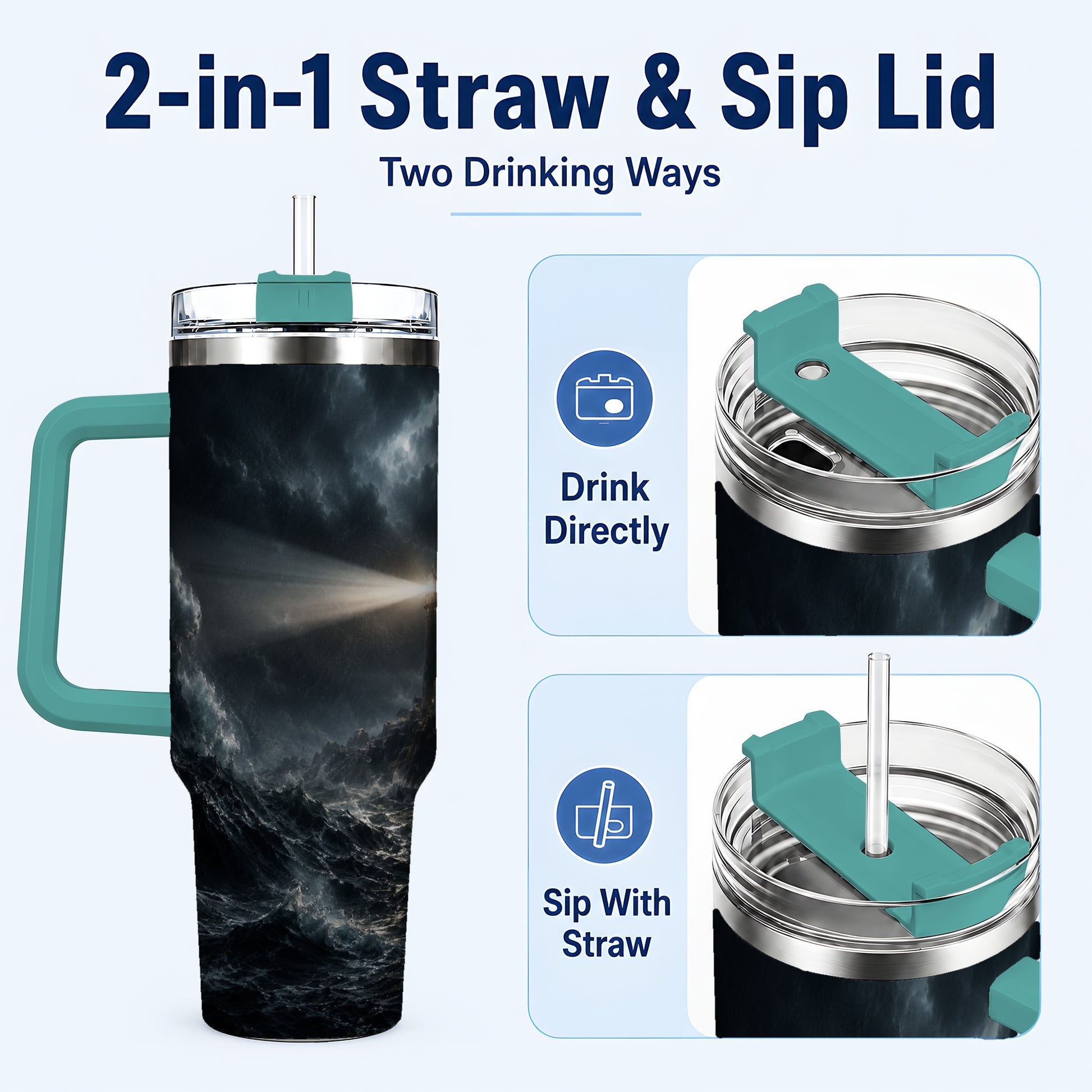 #pl[40oz|Green] Storm Lighthouse 40oz Tumbler with Handle, Ocean Night Art