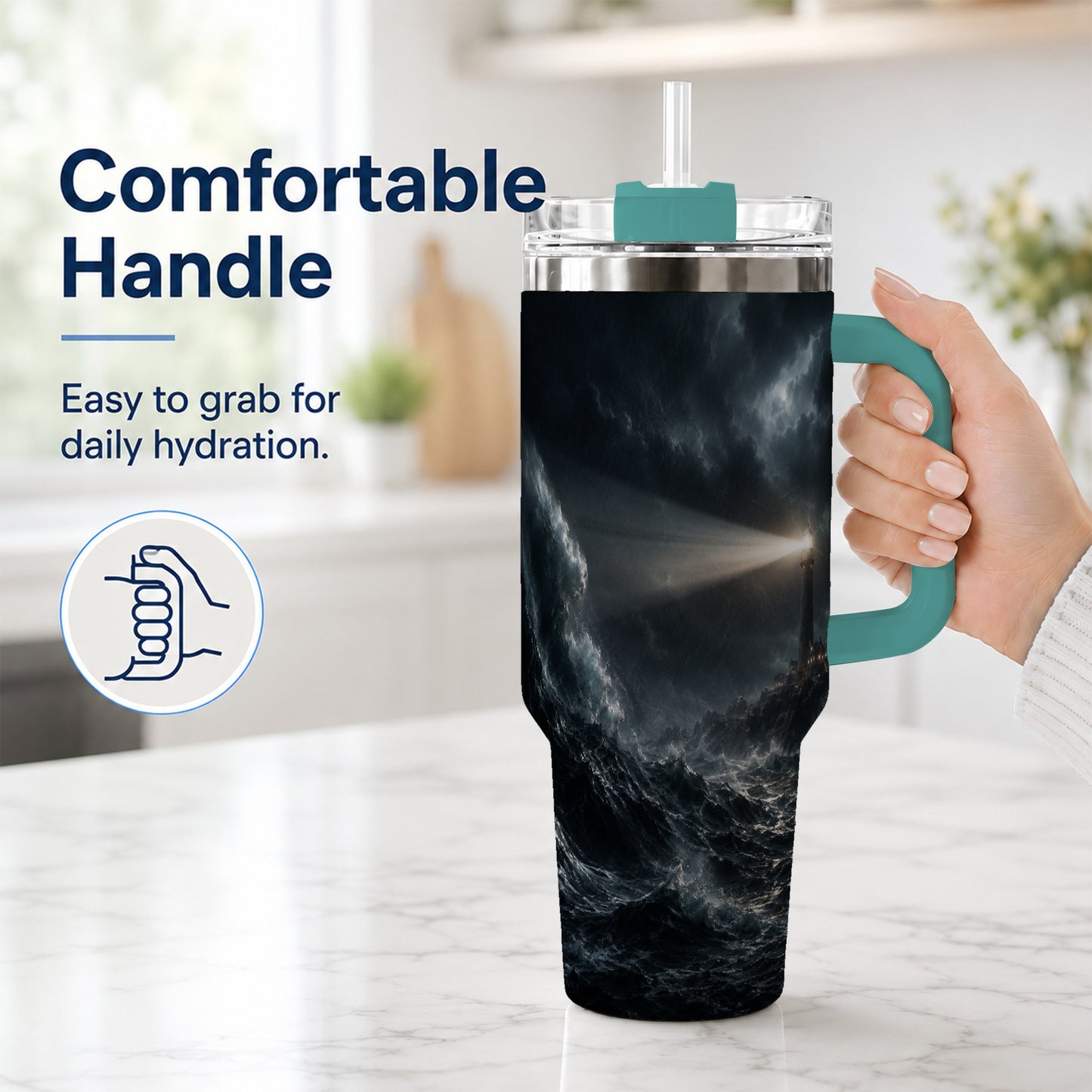 #pl[40oz|Green] Storm Lighthouse 40oz Tumbler with Handle, Ocean Night Art