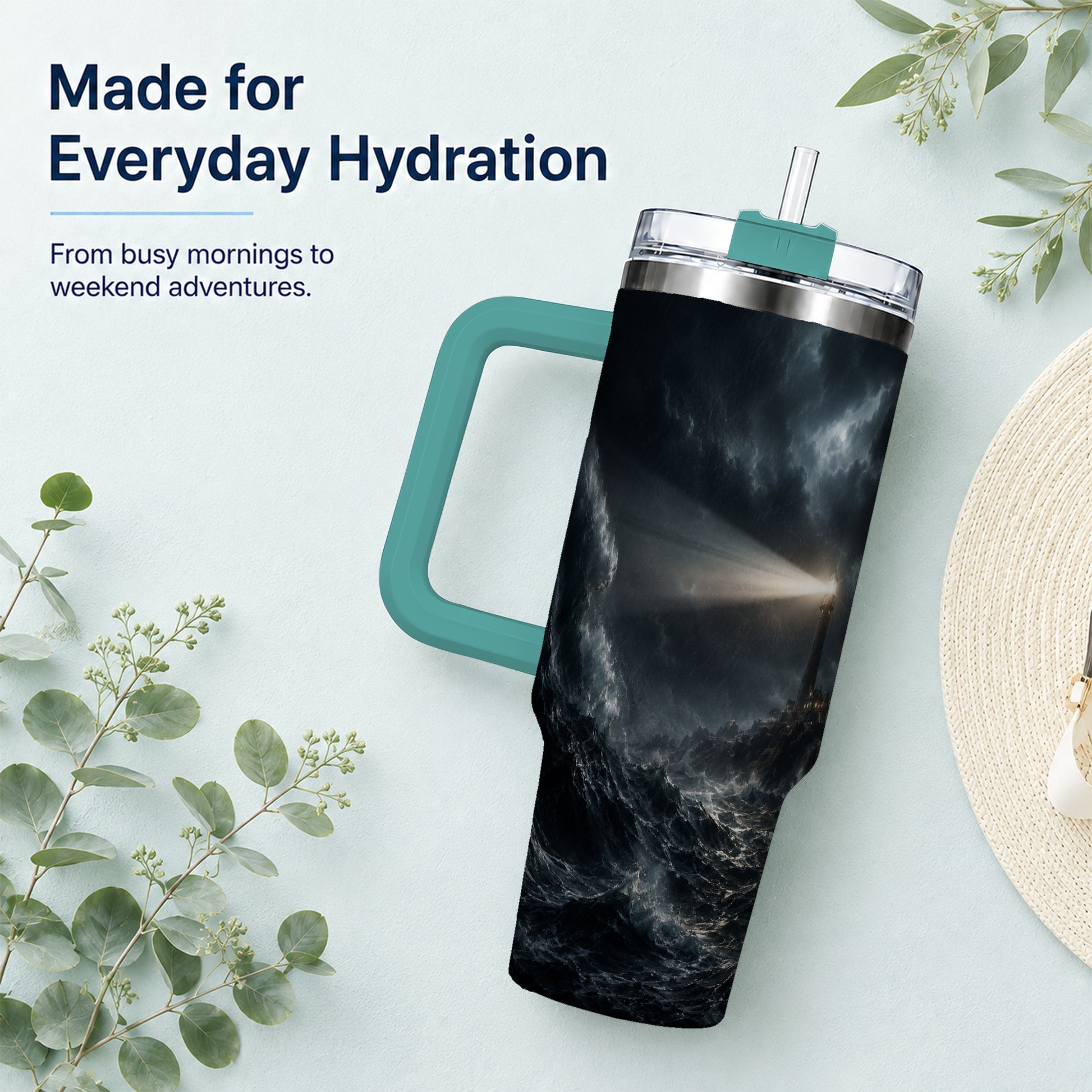 #pl[40oz|Green] Storm Lighthouse 40oz Tumbler with Handle, Ocean Night Art