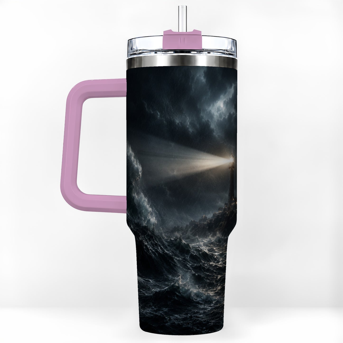 #pl[40oz|Pink] Storm Lighthouse 40oz Tumbler with Handle, Ocean Night Art