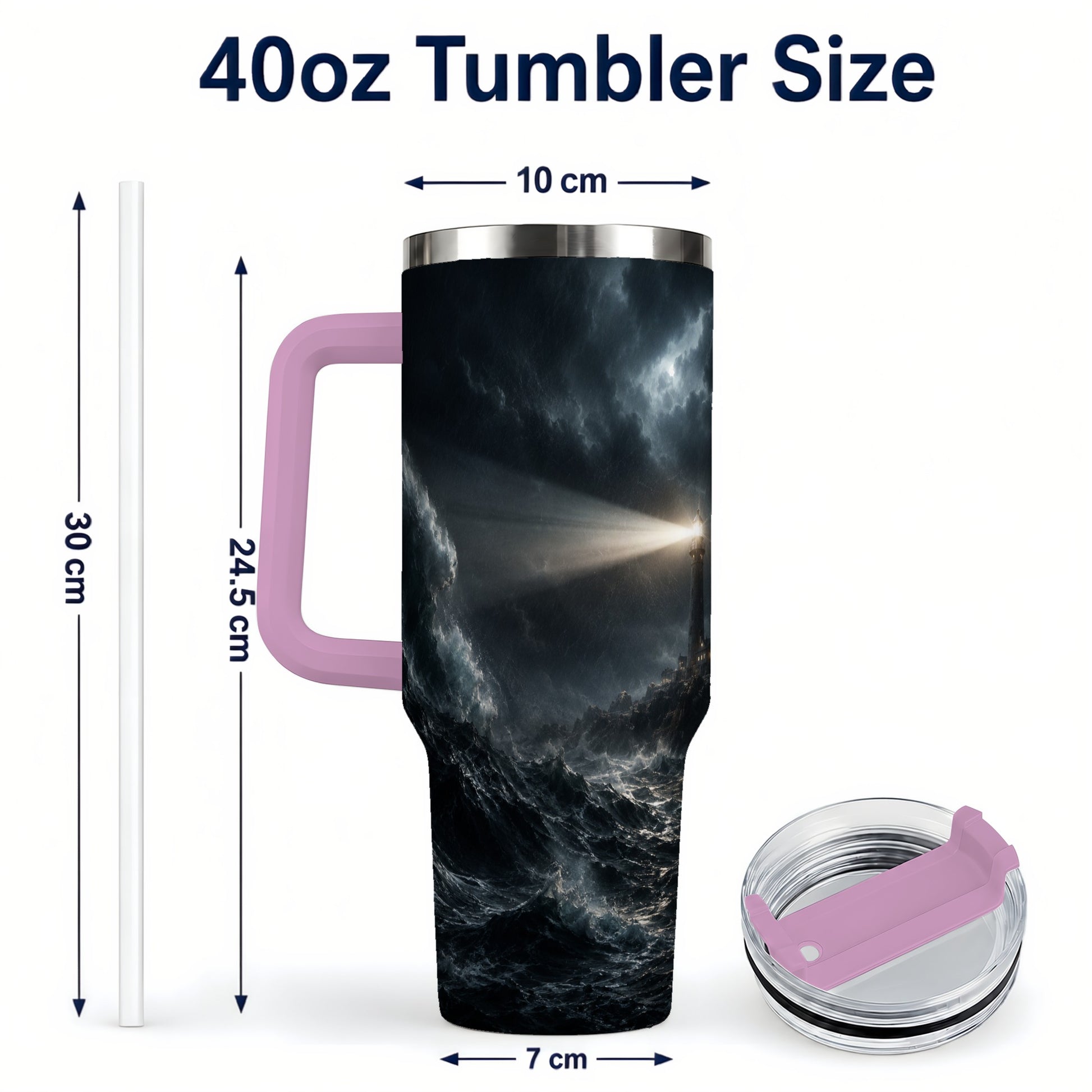 #pl[40oz|Pink] Storm Lighthouse 40oz Tumbler with Handle, Ocean Night Art