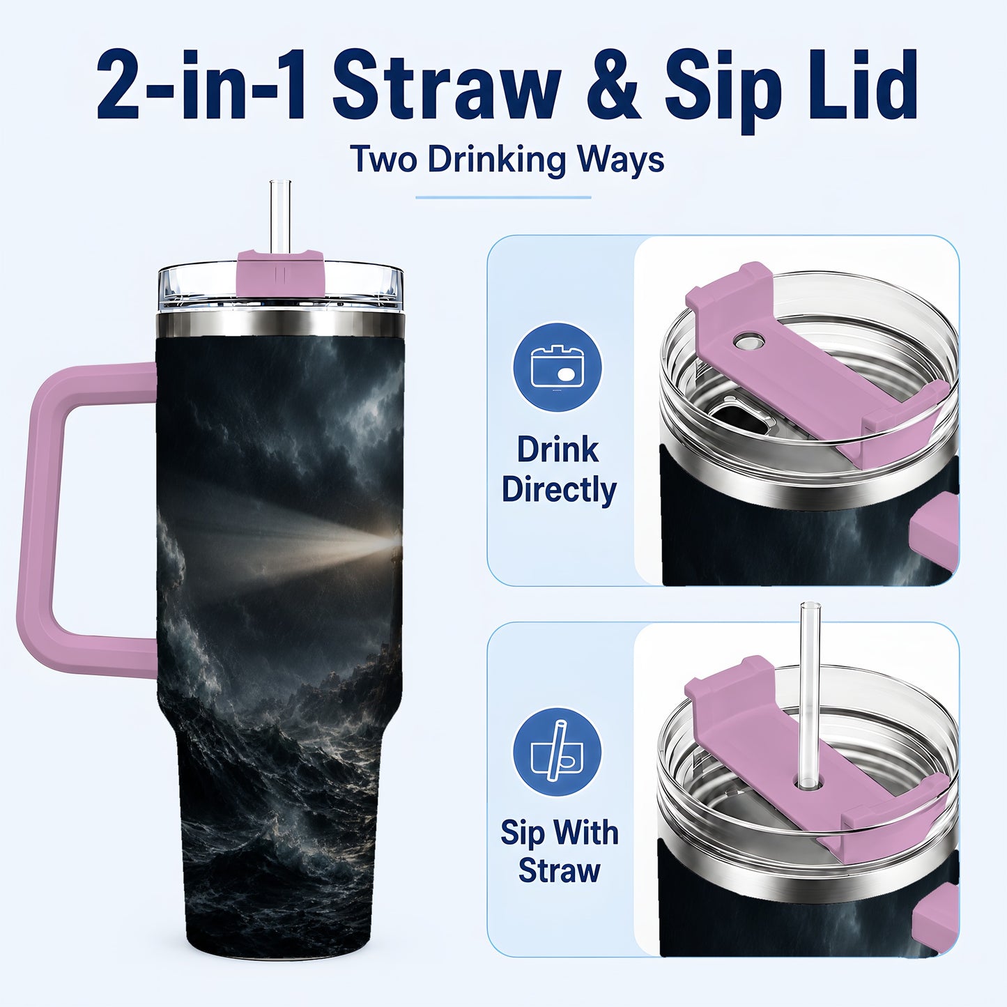 #pl[40oz|Pink] Storm Lighthouse 40oz Tumbler with Handle, Ocean Night Art