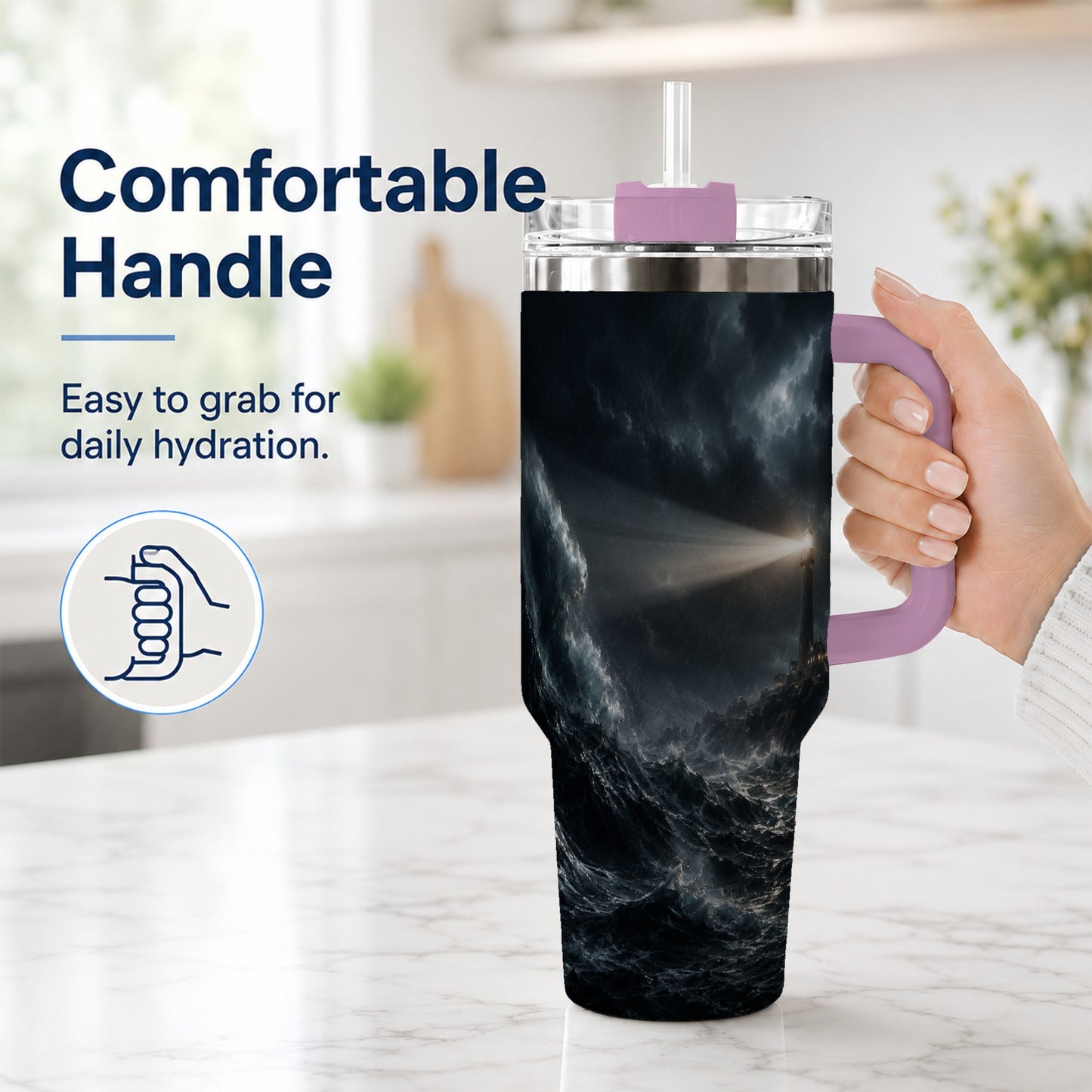#pl[40oz|Pink] Storm Lighthouse 40oz Tumbler with Handle, Ocean Night Art