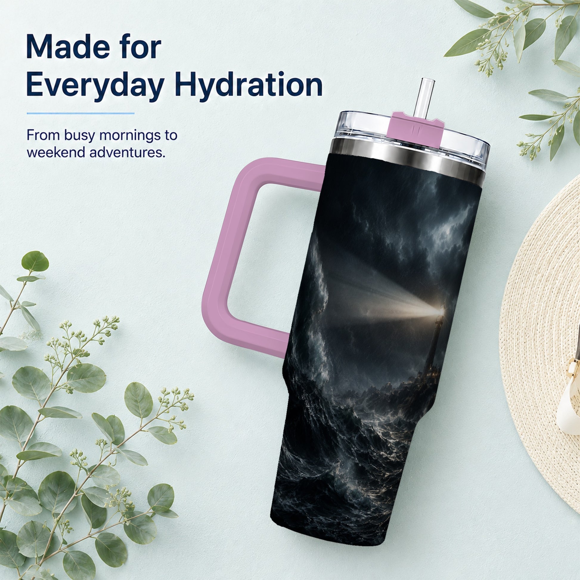 #pl[40oz|Pink] Storm Lighthouse 40oz Tumbler with Handle, Ocean Night Art
