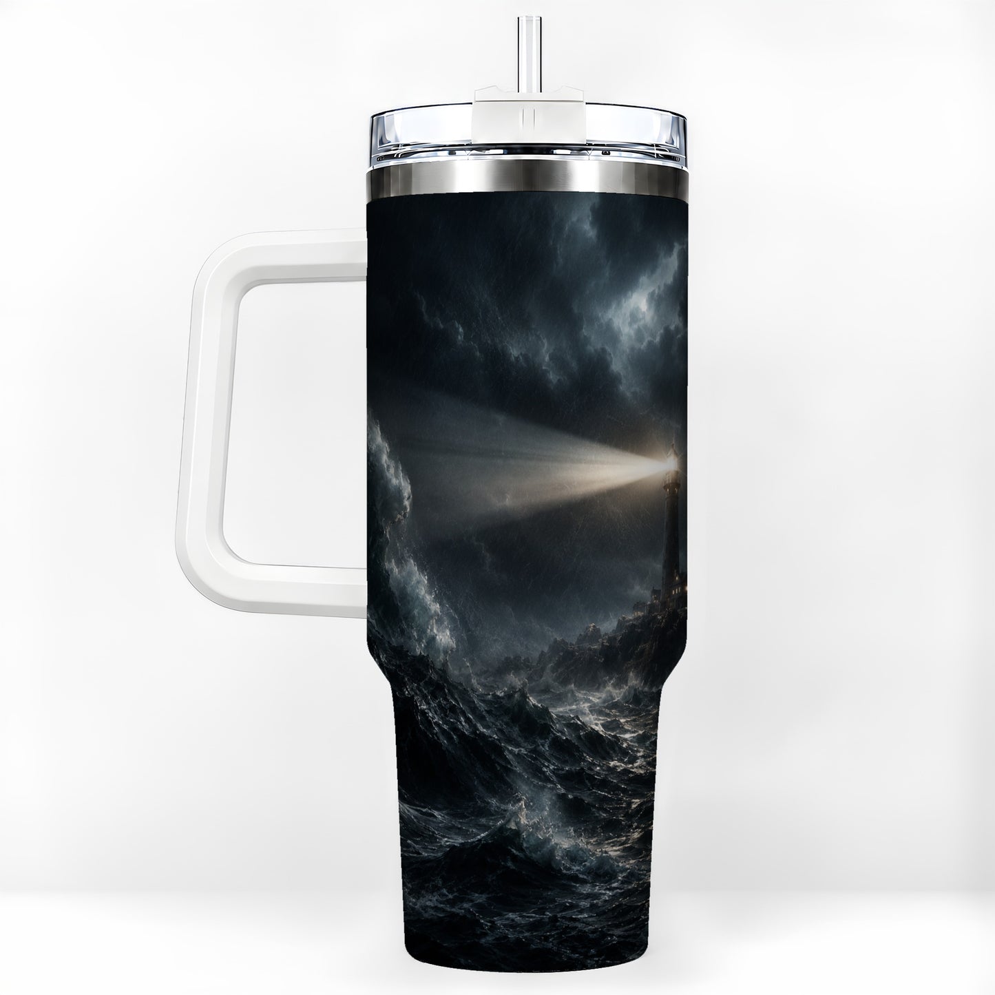 Storm Lighthouse 40oz Tumbler with Handle, Ocean Night Art