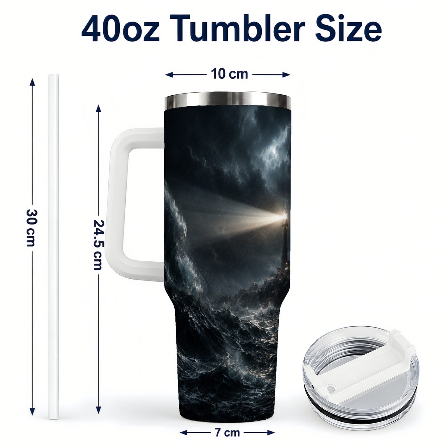 #pl[40oz|White] Storm Lighthouse 40oz Tumbler with Handle, Ocean Night Art