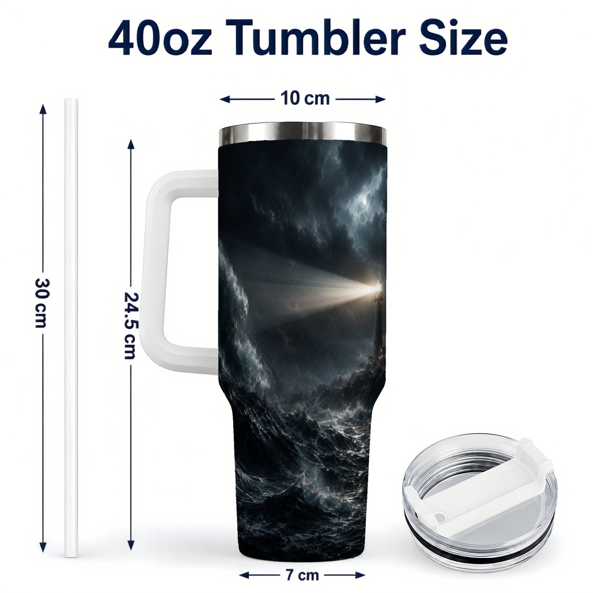 #pl[40oz|White] Storm Lighthouse 40oz Tumbler with Handle, Ocean Night Art