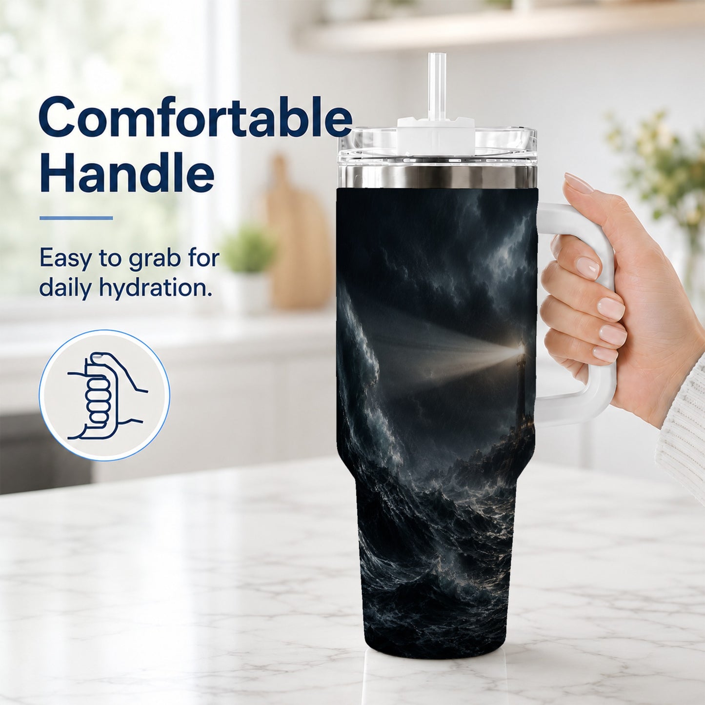 #pl[40oz|White] Storm Lighthouse 40oz Tumbler with Handle, Ocean Night Art