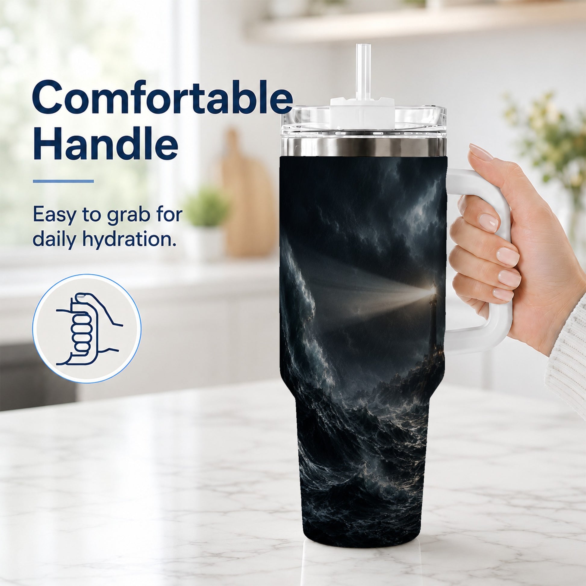 #pl[40oz|White] Storm Lighthouse 40oz Tumbler with Handle, Ocean Night Art
